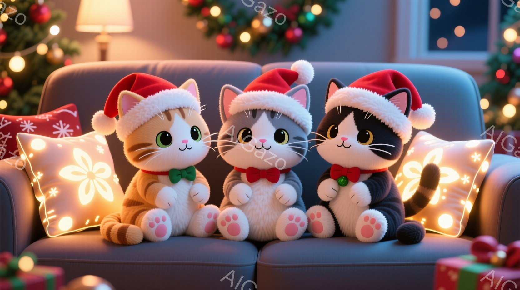 ３匹の愛らしい猫が、クリスマスの飾り付けがされたソファに並んで座っています。それぞれの猫は赤いサンタの帽子と赤いまたは緑のリボンをつけており、丸いピンク色の肉球が特徴的です。背景には、クリスマスツリー - AI生成フリー素材