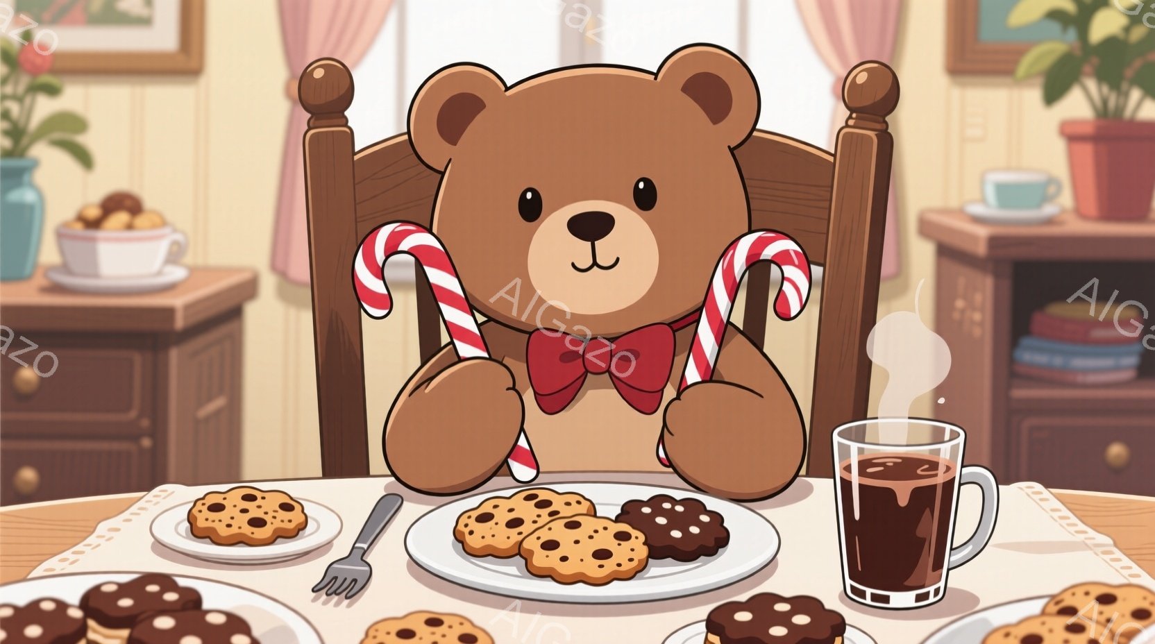 茶色いテディベアが、赤いストライプのリボンとキャンディケーンのネックレスを身に着けて、テーブルを囲んで座っています。テーブルの上にはクッキーと一杯の温かい飲み物が置かれ、フォークが添えられています。背景には木製のキャビネットや観葉植物が見え、暖かく心地よい雰囲気が漂っています。
