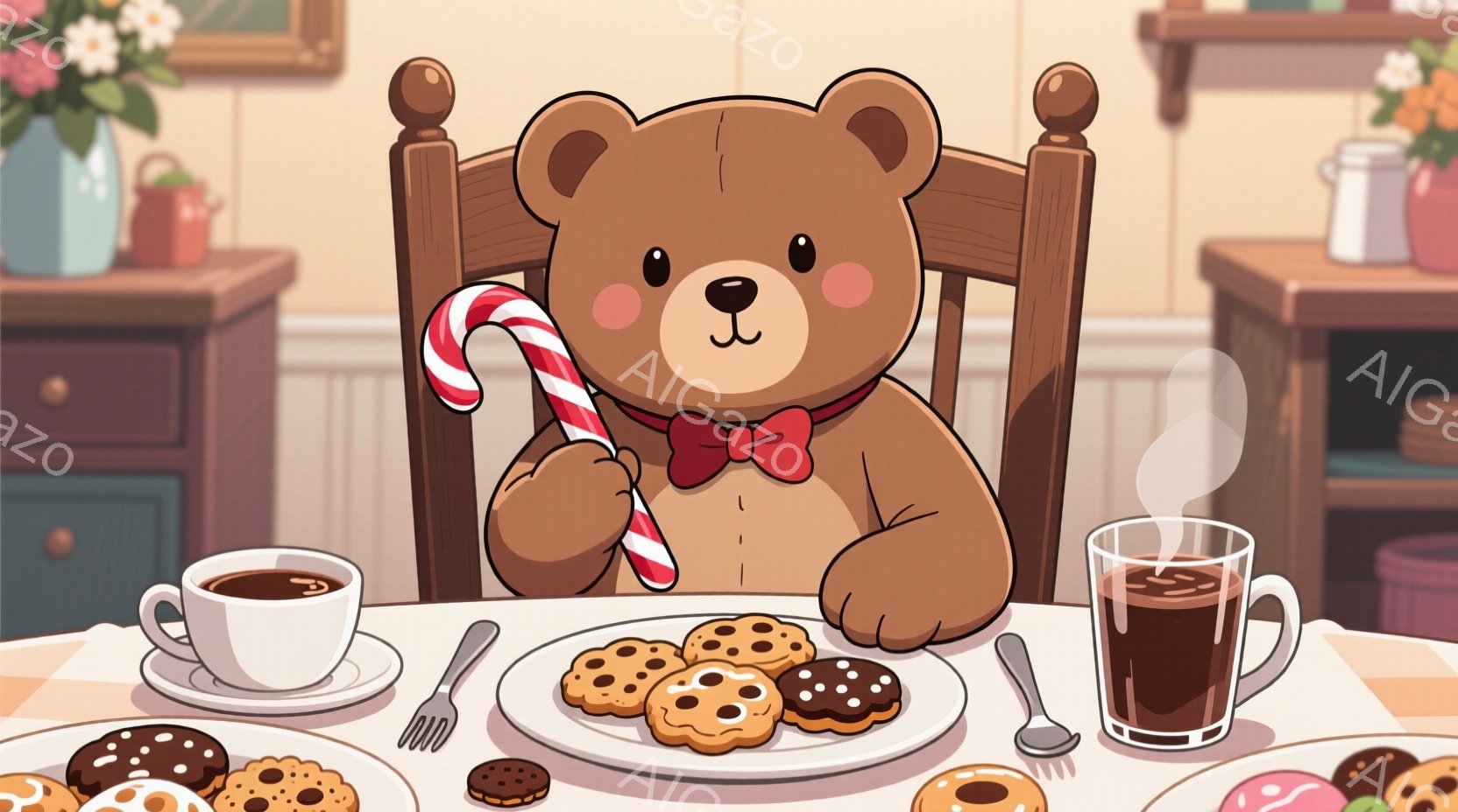 暖炉のある部屋で、茶色いクマのぬいぐるみがテーブルを囲んで座っています。赤いリボンを付け、片手にペパーミントキャンディを持っており、テーブルの上にはクッキーやドーナツが並べられたお皿と、湯気の立つマグカップがあります。全体的に暖かく、居心地の良い、クリスマスの雰囲気を感じさせるイラストです。