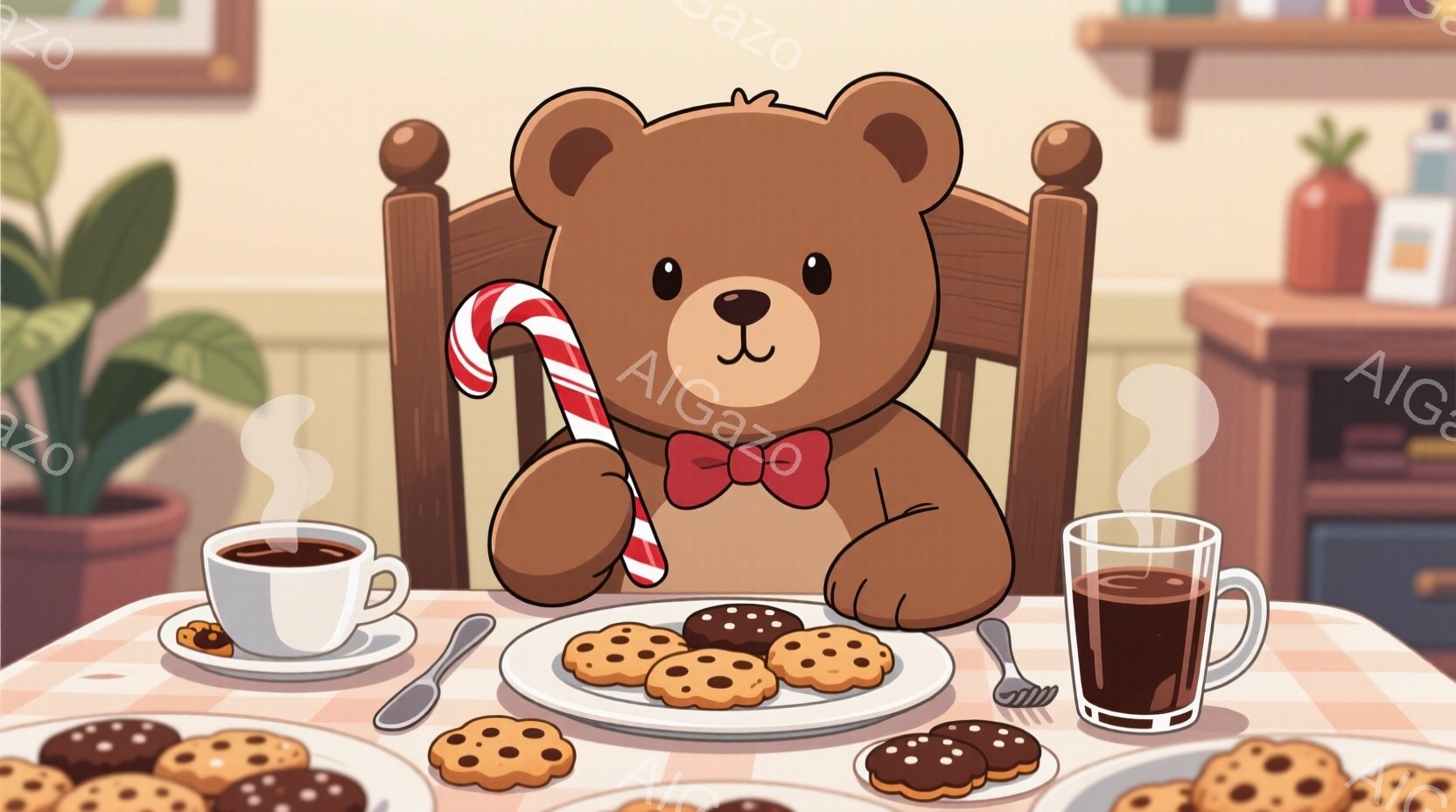 暖炉のある室内で、茶色のテディベアが赤いリボンをつけて椅子に座り、クッキーとコーヒーを楽しんでいます。テーブルの上には、チョコレートチップクッキーが並んだ皿と、湯気の立つコーヒーカップが置かれており、 - AI生成フリー素材