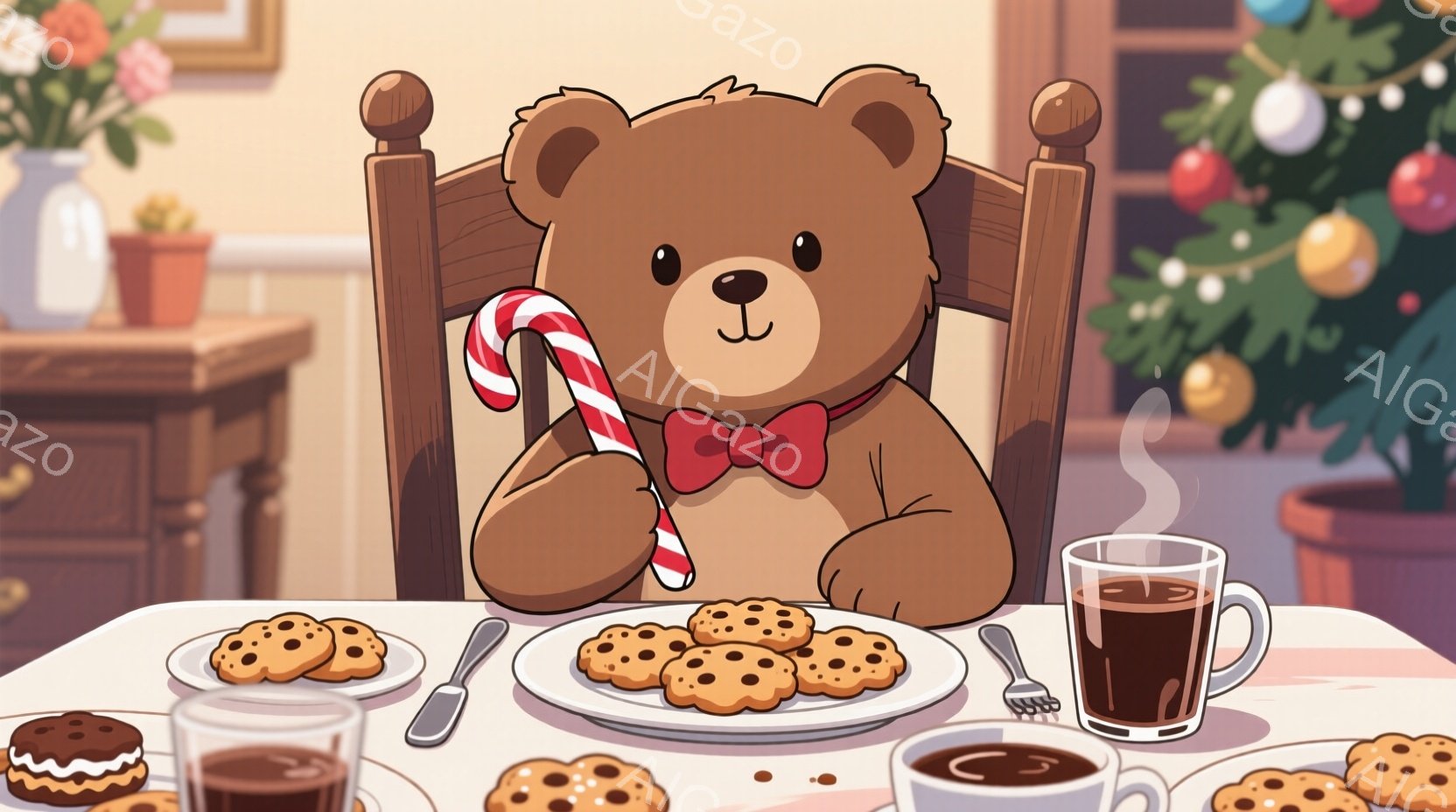 茶色のテディベアが椅子に座り、赤いリボンで結ばれたネクタイを締めています。テーブルの上には、クッキーが盛られた皿とホットドリンクが入ったカップが置かれ、ベアは片手にキャンディケーンを持っています。背景 - AI生成フリー素材
