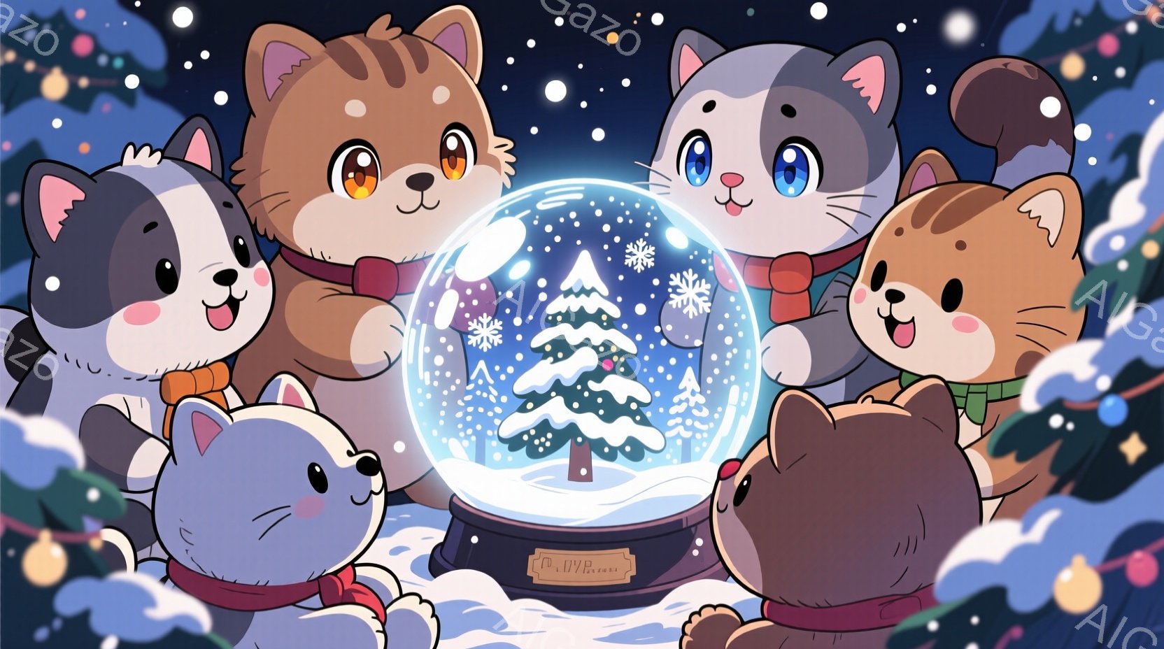 雪が降る中で、可愛らしい子犬たちが雪玉の中に飾られたクリスマスツリーを見つめています。彼らは皆赤いマフラーを巻いており、満面の笑みを浮かべて、クリスマスの喜びを表現しています。背景には、ぼんやりとした - AI生成フリー素材