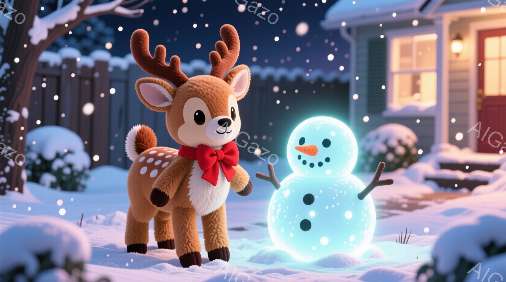 可愛らしい子鹿が赤いリボンをつけて雪の中に立っています。輝く青い雪だるまの隣で、少し微笑んでおり、冬の夜の温かい雰囲気を醸し出しています。背景には雪で覆われたフェンスと、暖かい光を放つ家が見え、雪が静かに降り積もる幻想的な光景です。