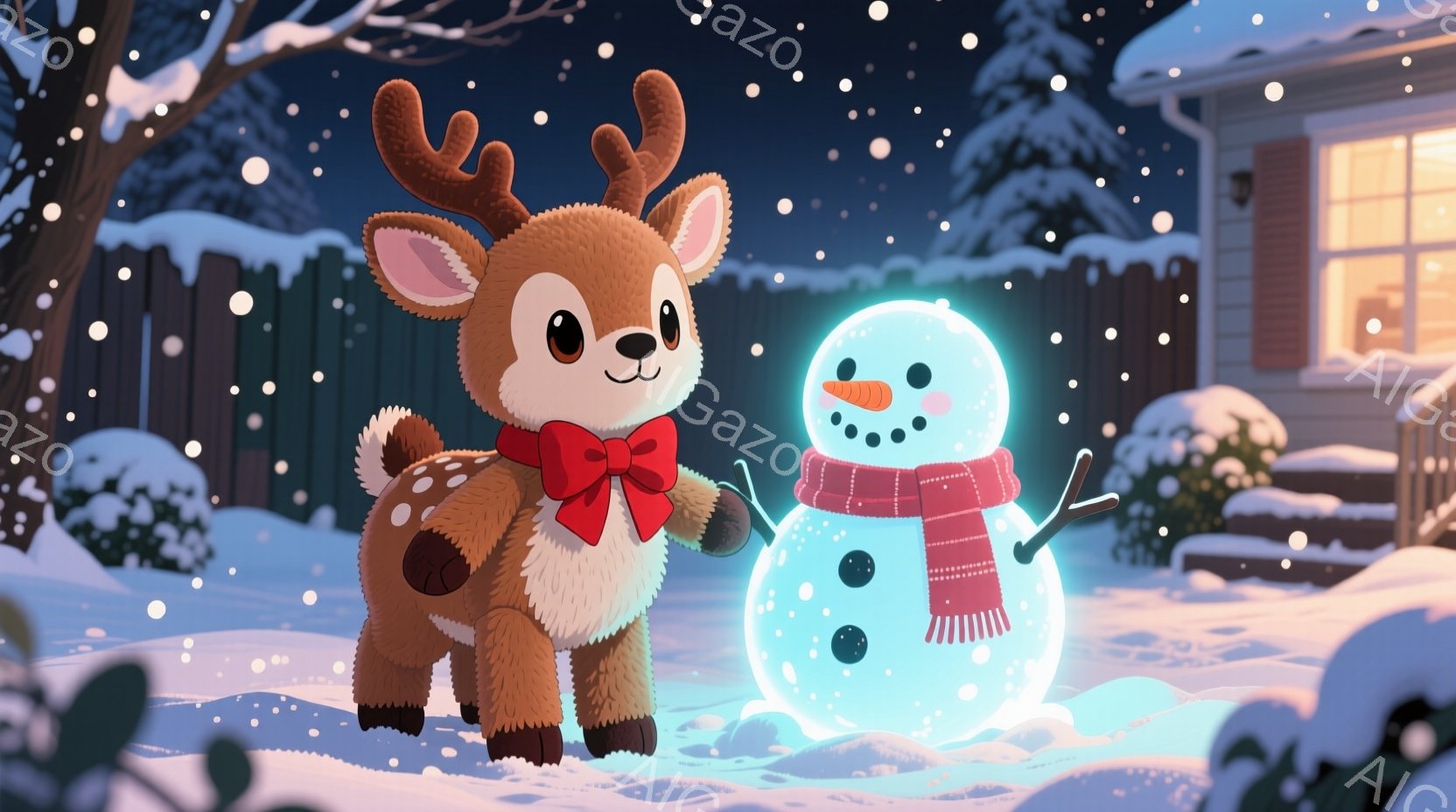 雪景色の中、愛らしい子鹿が赤いリボンをつけて立っており、横には光を放つ雪だるまがいます。子鹿は微笑んでおり、雪だるまはシンプルな顔つきで、赤いストールを巻いています。背景には雪に覆われた木々や、温かい光を灯した家が見え、静かで心温まる冬の雰囲気が漂っています。