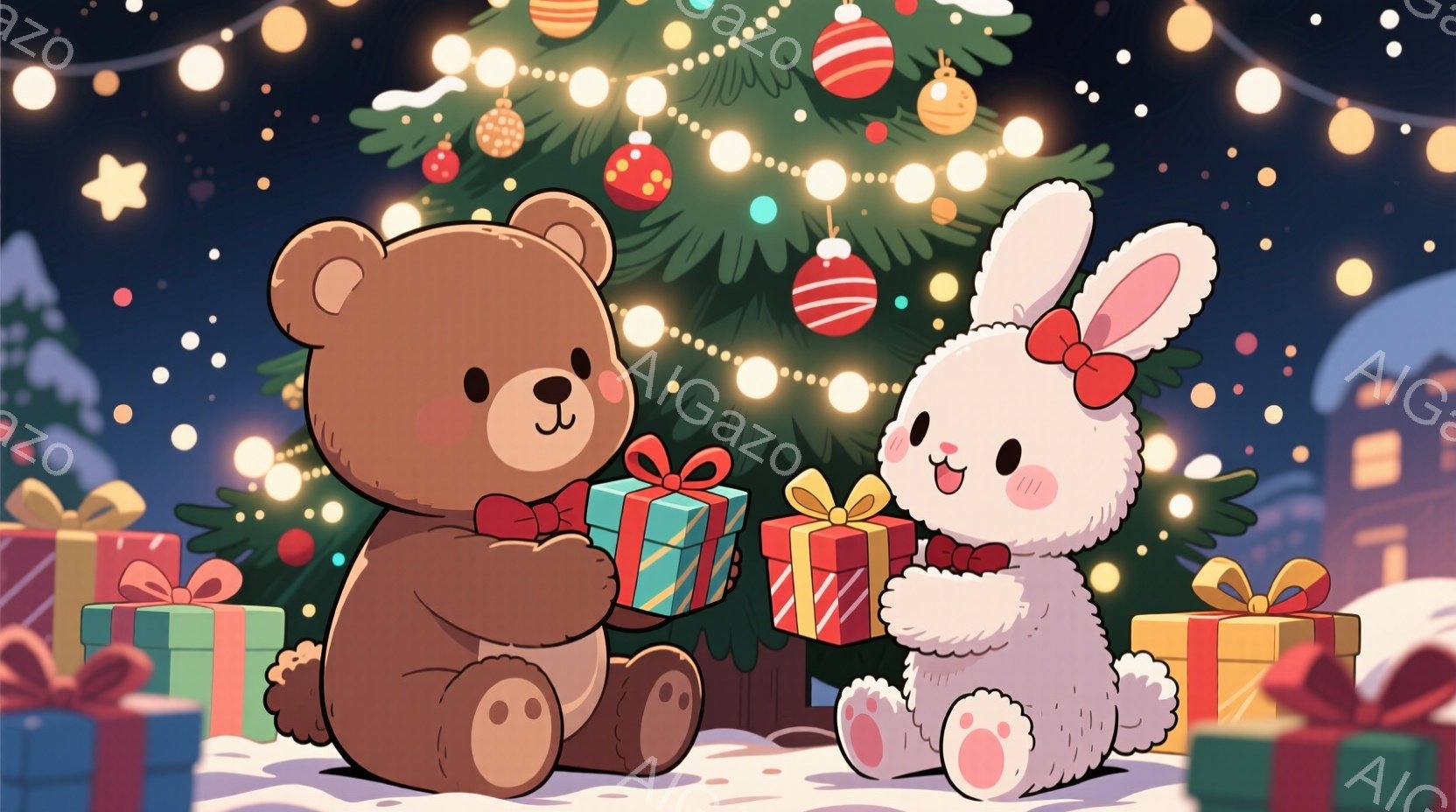 温かい雰囲気のイラストで、大きなクマと白いウサギがプレゼントを交換しています。クマは茶色い毛並みで、ウサギはピンク色の耳と赤いリボンをつけており、どちらも笑顔で幸せそうに見えます。背景にはクリスマスツ - AI生成フリー素材