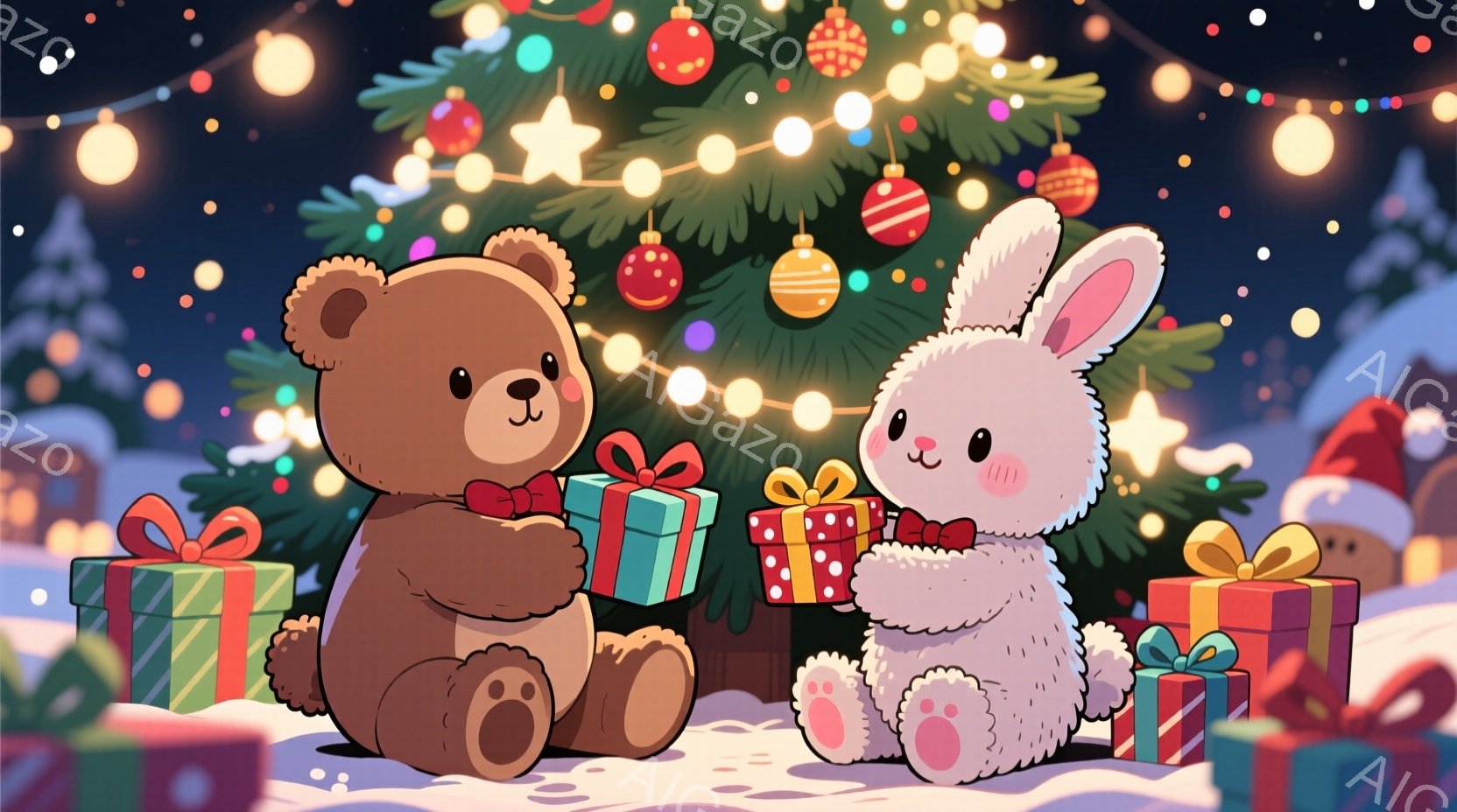 茶色のクマと白いウサギがクリスマスツリーの前に座り、それぞれプレゼントを抱えています。二匹とも赤いリボンをつけており、満面の笑みを浮かべて、プレゼントを交換し合っているようです。背景には、輝くイルミネ - AI生成フリー素材
