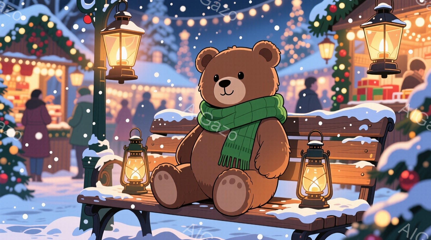 霜降る夜のベンチに座るテディベアが描かれています。緑のストールを巻き、暖炉の灯りのように温かい雰囲気を醸し出しています。背景にはクリスマスマーケットのような賑やかな光景が広がり、雪が舞う幻想的な冬の夜 - AI生成フリー素材