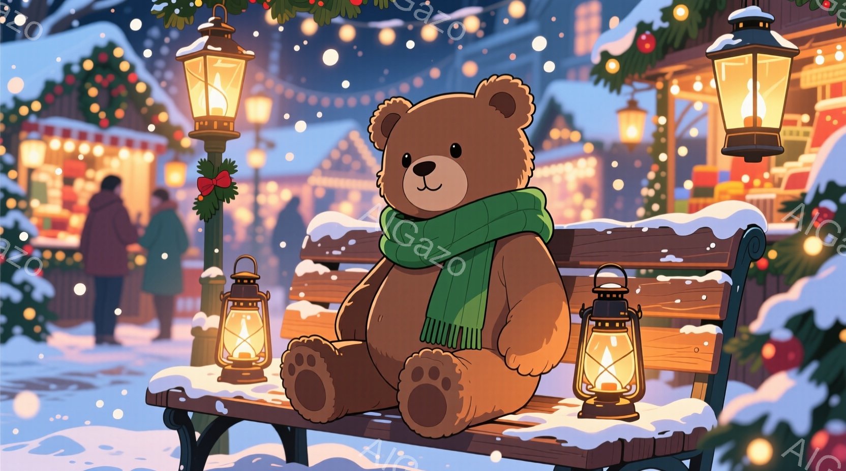 雪が降るクリスマスの夜、ベンチに座った大きなテディベアが描かれています。緑の長いスカーフを巻いており、優しい表情をしています。背景には、きらびやかな装飾が施された建物が並び、クリスマスの飾り付けが施さ - AI生成フリー素材