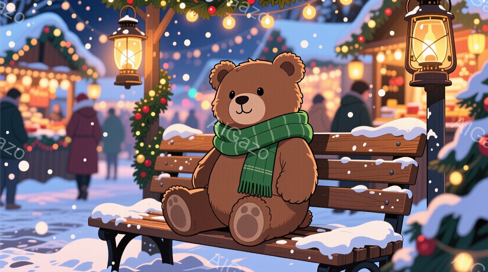 ぬいぐるみのような茶色の熊が、雪に覆われた木製のベンチに座っています。背景には、ぼんやりとした人影と、輝くクリスマスライトで飾られた建物が見え、雪が舞い散る冬の夜の暖かい雰囲気が漂っています。緑色のマ - AI生成フリー素材