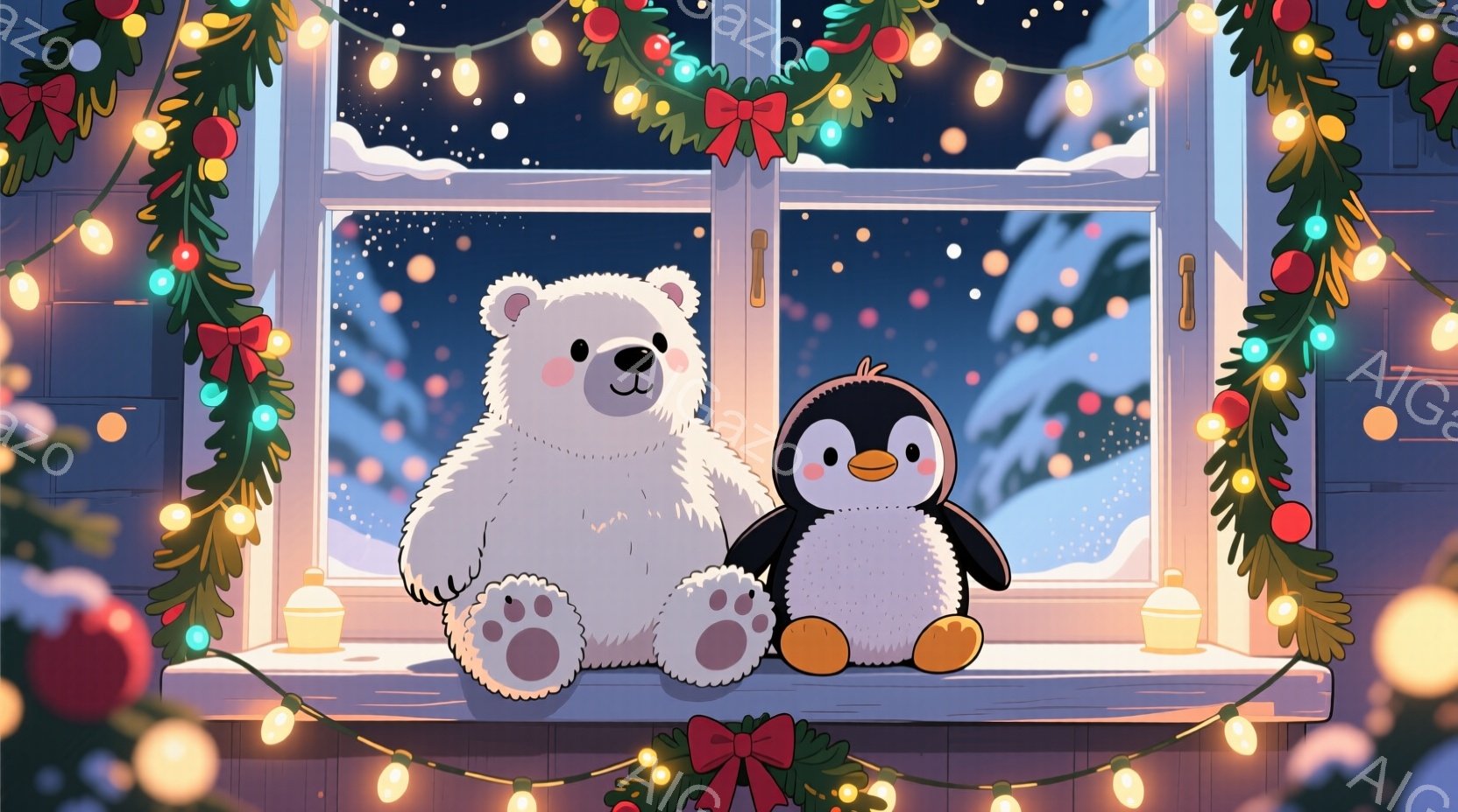 白い窓枠に、ふわふわの白熊とペンギンのぬいぐるみが出席しています。窓の外は雪が降り、遠くに光る家々が見え、クリスマスのような飾り付けが窓枠を囲み、暖かくお祝いムードを醸し出しています。ぬいぐるみたちはリラックスした様子で、冬の夜の穏やかさを表現しています。
