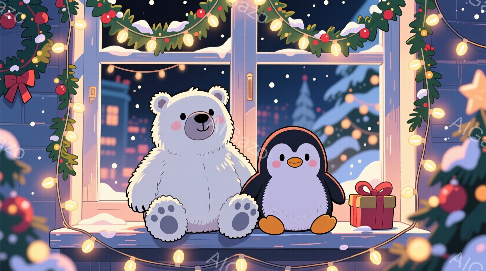 白いクマのぬいぐるみとペンギンのぬいぐるみが、イルミネーションで飾られた窓枠に並んで座っています。背景には雪が降る夜の街並みと、クリスマスツリーが見え、暖かく幻想的な雰囲気が漂っています。プレゼントの箱がペンギンの隣に置かれ、クリスマスの喜びを表現しています。