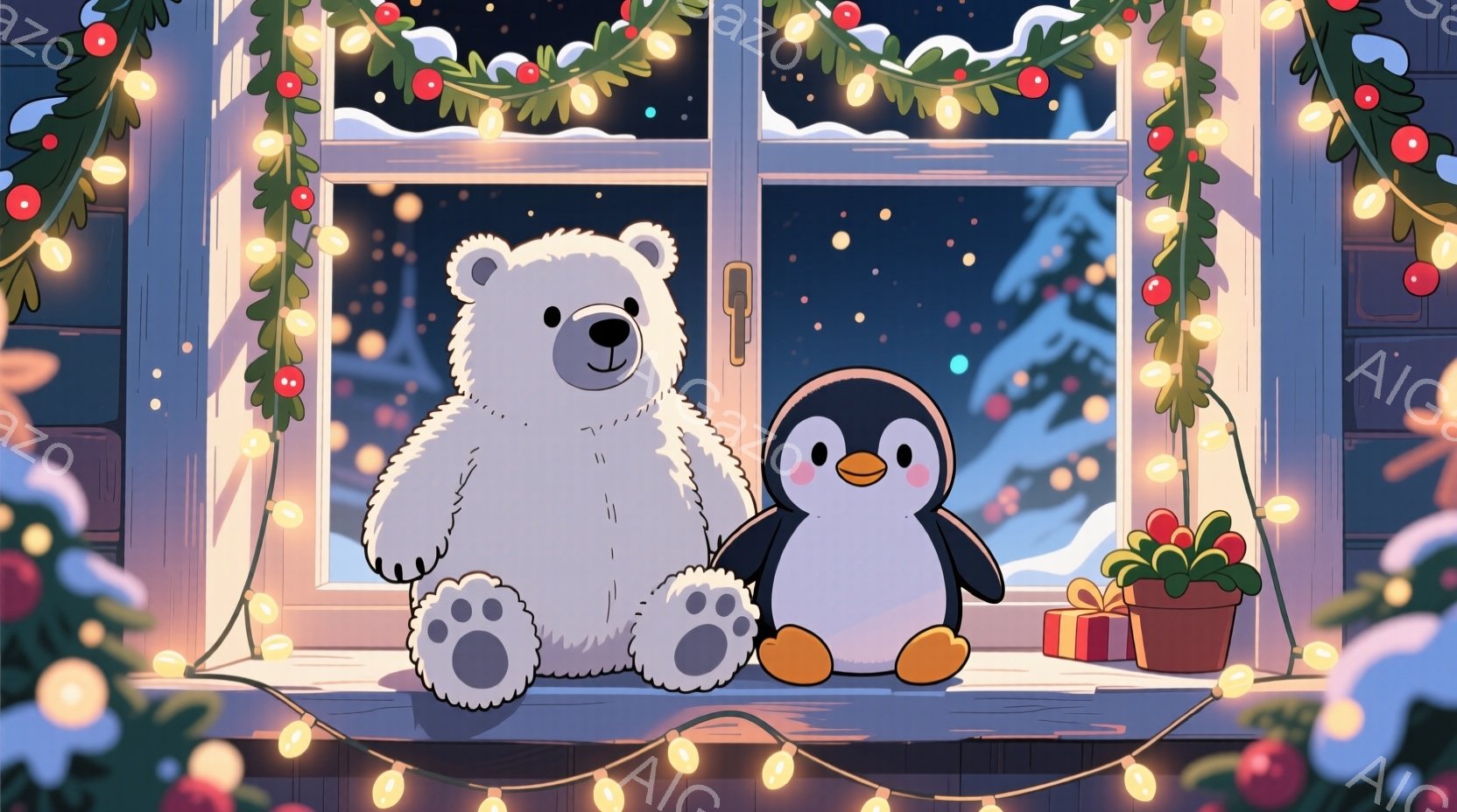 白いテディベアとペンギンのぬいぐるみが、窓枠に並んで座っています。背景には、雪が降る夜空と、クリスマスツリーのような緑の装飾、そして小さなギフトボックスが見え、温かく、お祝いの雰囲気が漂っています。窓 - AI生成フリー素材
