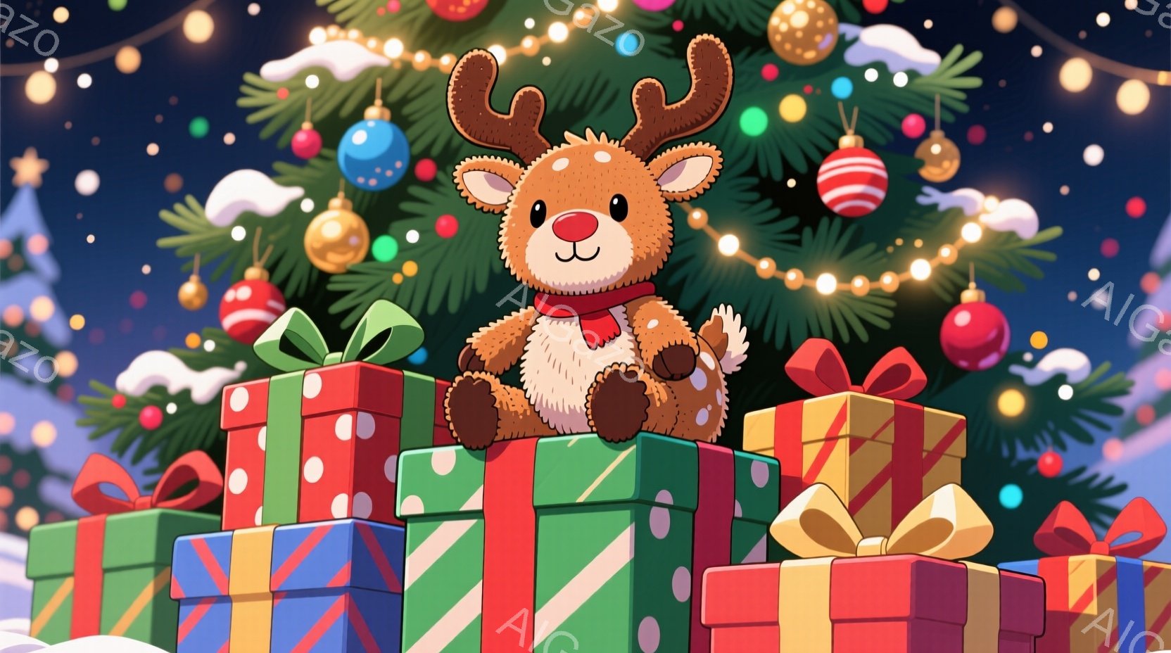 ふわふわの茶色のトナカイのぬいぐるみは、カラフルなプレゼントの山の上に座っています。赤いマフラーを巻いており、可愛らしい表情をしています。背景には、キラキラ光る電飾とオーナメントで飾られたクリスマスツリーがあり、雪が舞う暖かい祝祭の雰囲気です。