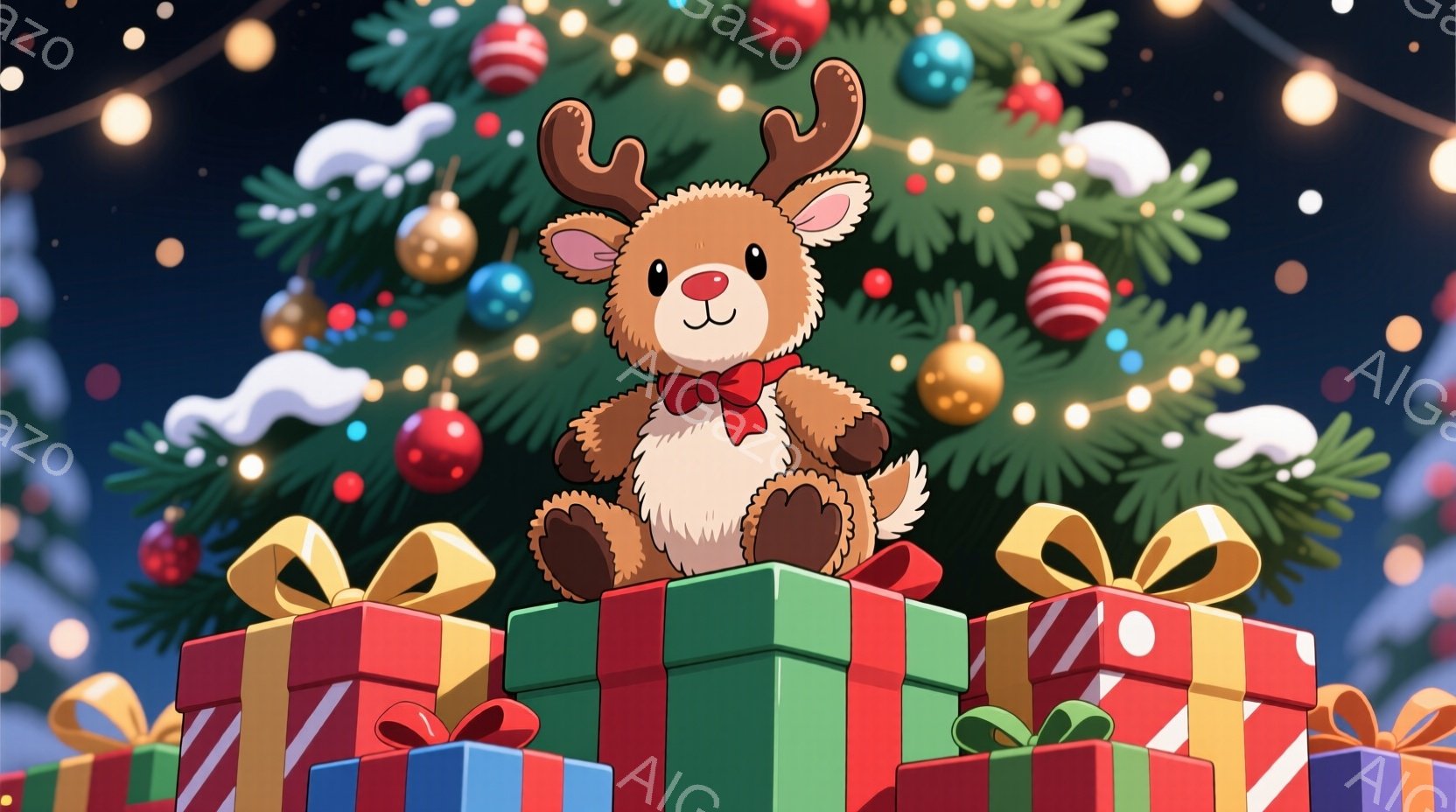 ぬいぐるみのようなトナカイが、緑、赤、青のプレゼントの山の上に座っています。トナカイは赤いリボンを結び、穏やかな表情で正面を見つめています。背景には、装飾されたクリスマスツリーと、キラキラと輝く雪のよ - AI生成フリー素材
