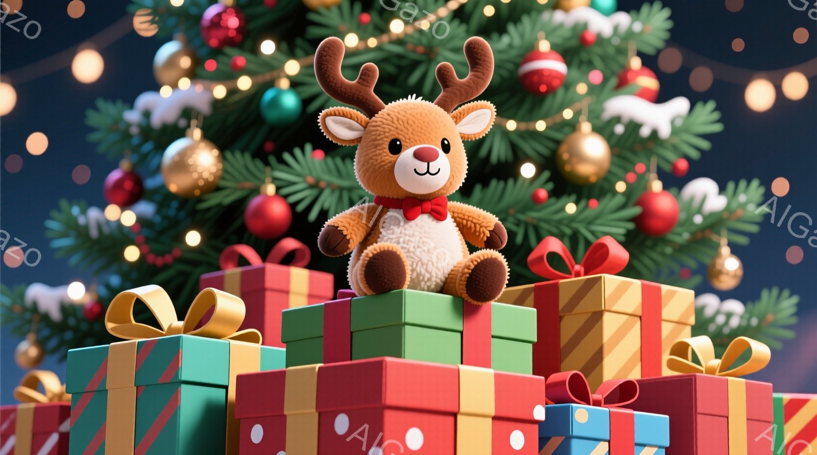 ぬいぐるみのようなトナカイが、積み重ねられたプレゼントの上に座っています。背景には、オーナメントで飾られた緑のクリスマスツリーと、ぼやけた光の粒子が散りばめられています。全体的に温かく、お祝いムードに - AI生成フリー素材