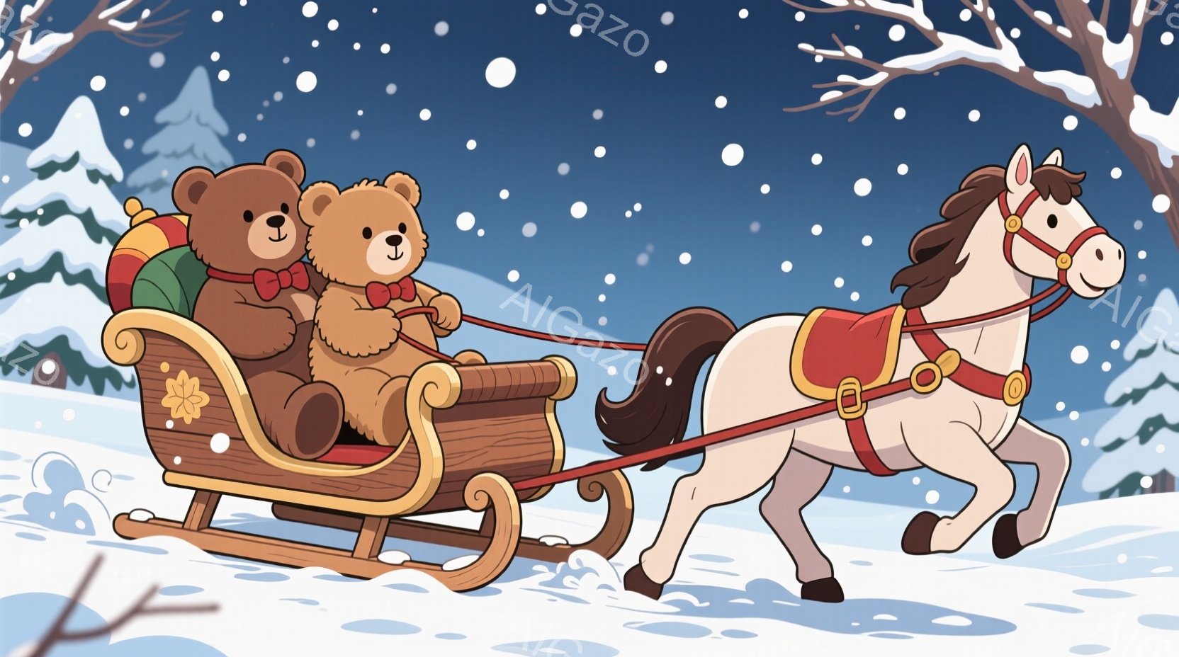 暖炉の絵柄が描かれた緑色の機関車に乗った3匹のテディベアが描かれています。彼らは赤いリボンを首に巻き、笑顔で前を見つめています。背景には雪に覆われた家々、クリスマスツリー、そしてプレゼントの山が積まれ - AI生成フリー素材