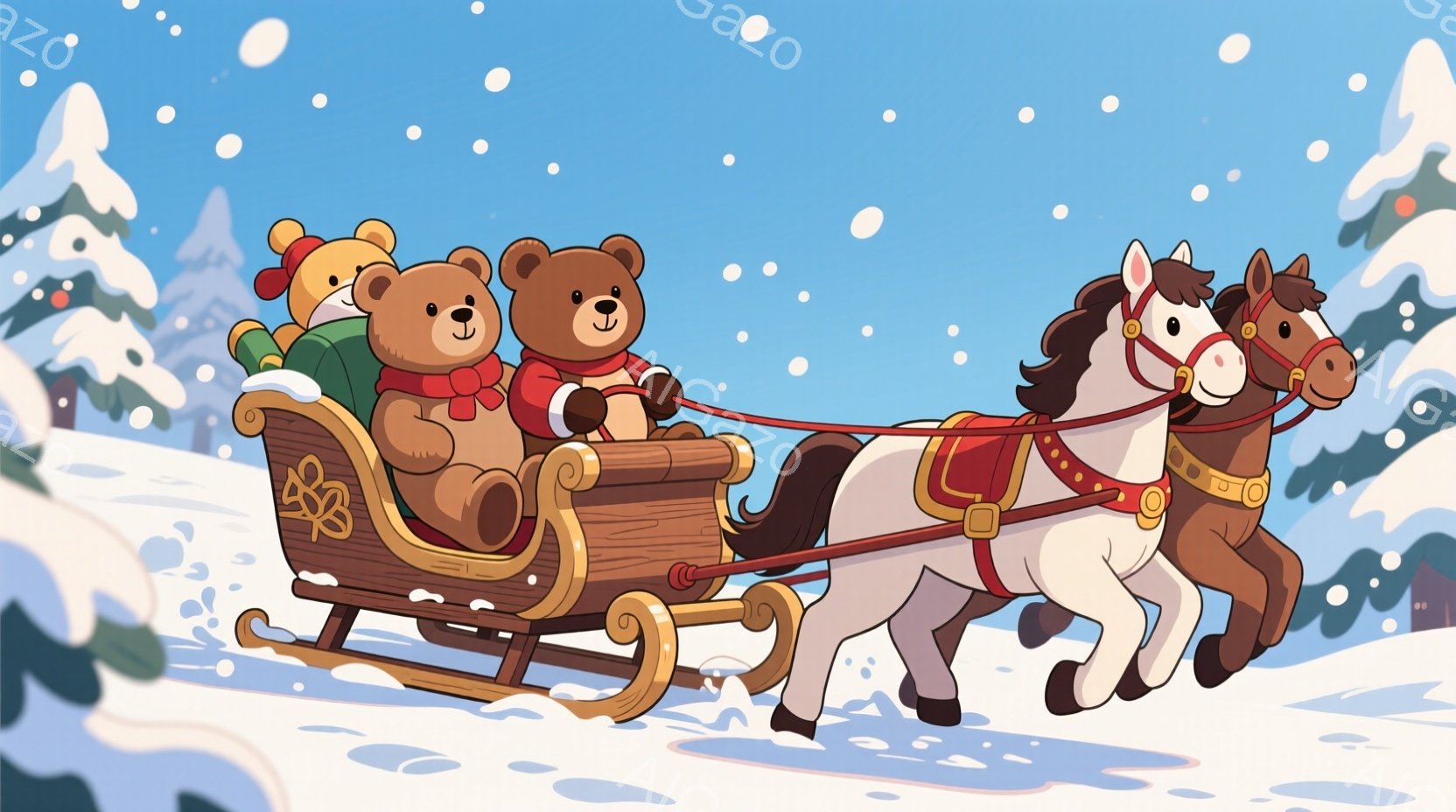 雪景色の中で、クマの家族がソリに乗って楽しんでいる様子が描かれています。赤い服を着たクマたちは笑顔で、緑色のマフラーを巻いたクマがプレゼントを抱えています。背景には雪に覆われた木々と、遠くに見える可愛らしい家々があり、暖かいクリスマスの雰囲気が漂っています。