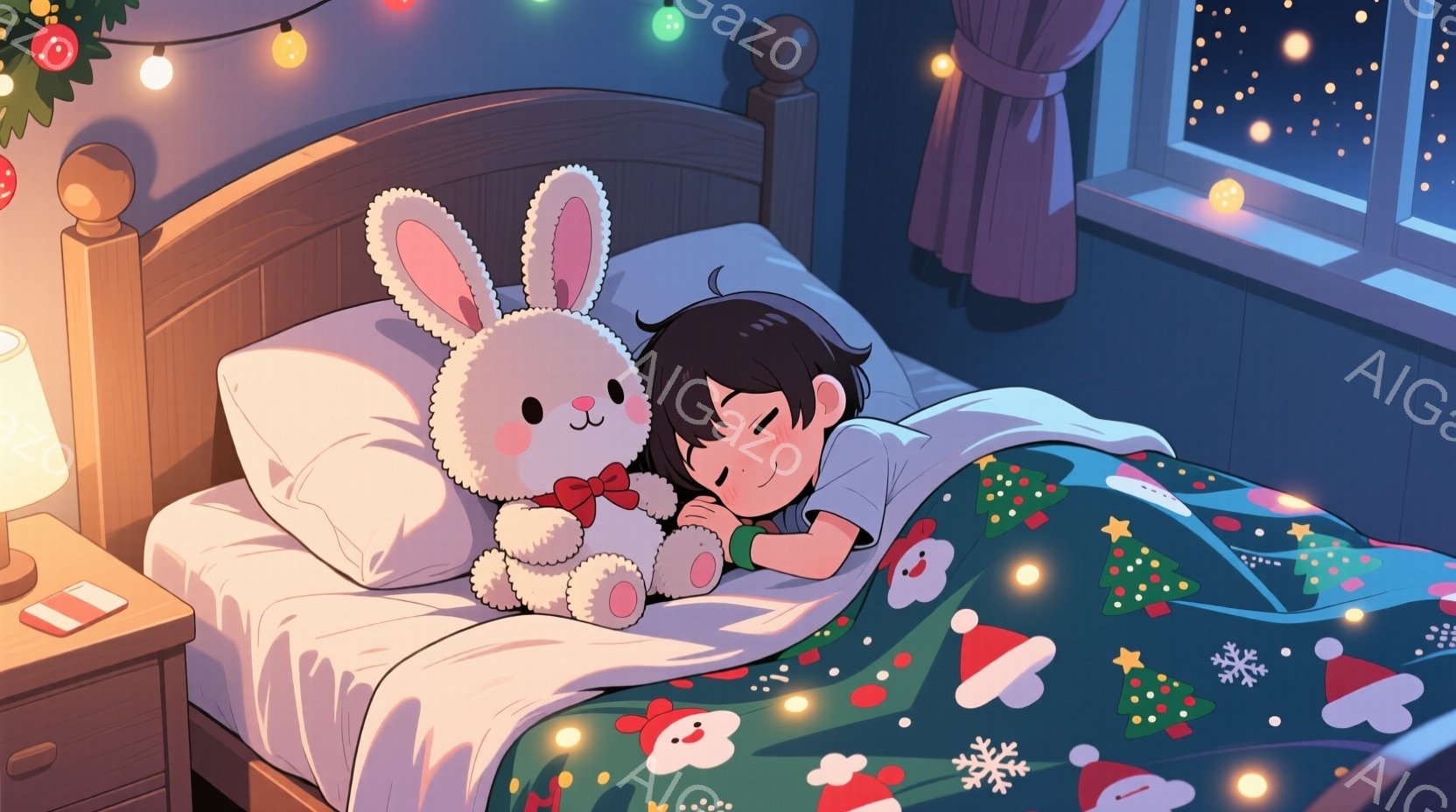 茶色の髪の少年がベッドで大きな白いウサギの人形を抱きしめて眠っています。ベッドには、クリスマスツリー、雪の結晶、ハートなどの柄が入った暖かい毛布がかけられています。窓の外は夜で、雪が降っており、部屋には温かい光が灯っています。
