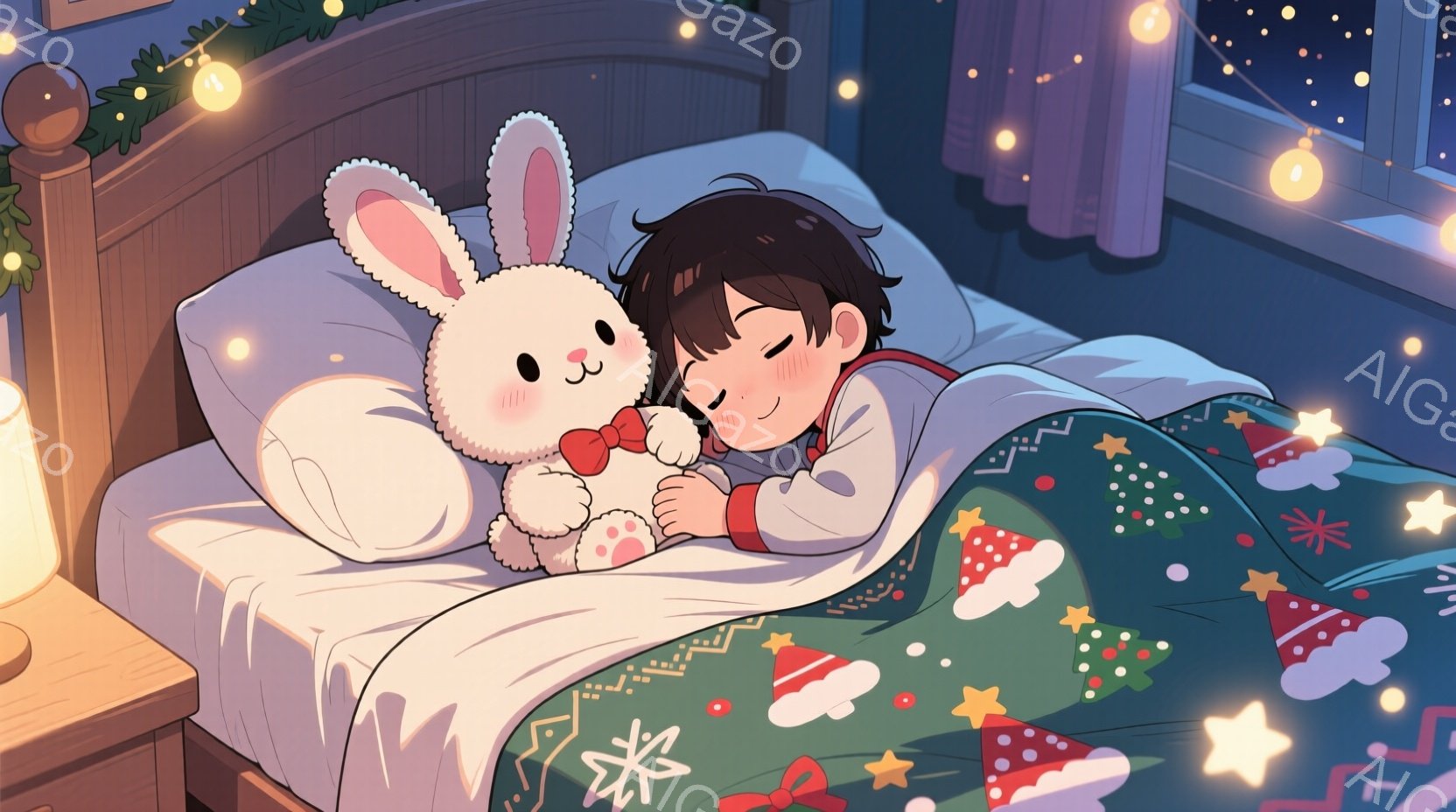 少年はベッドの中で白いウサギのぬいぐるみを抱きしめて眠っています。彼はパジャマを着ており、短い黒髪が少し乱れています。背景にはクリスマスの飾り付けが施された部屋が広がっており、温かく穏やかな雰囲気が漂 - AI生成フリー素材