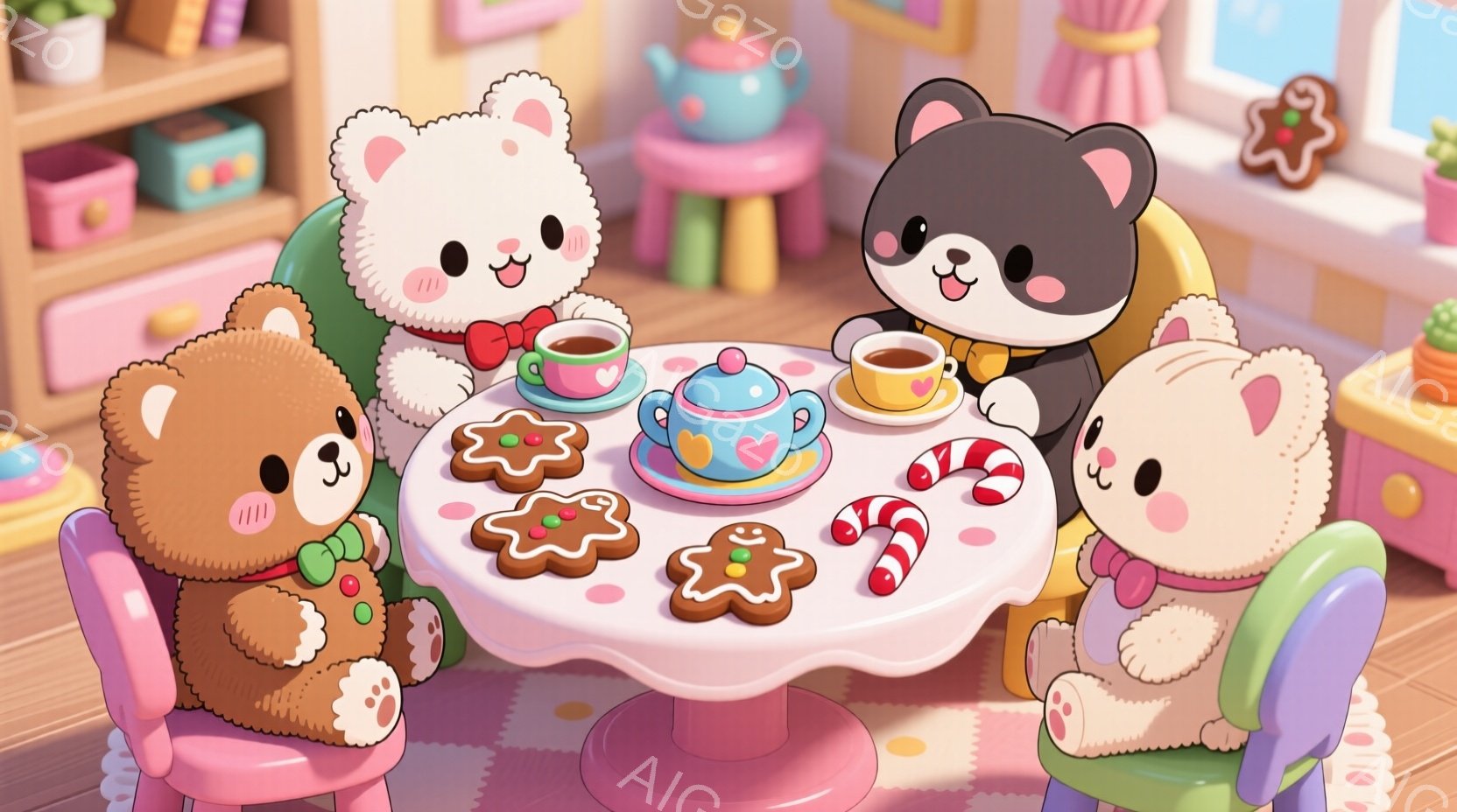 ぬいぐるみのようなクマたちがピンク色のテーブルを囲んでティーパーティーを楽しんでいます。それぞれ赤いリボンや蝶ネクタイを付け、嬉しそうな表情でクッキーやキャンディケーンを手に取っています。背景には木製の床、カラフルな椅子、そして窓から差し込む柔らかな光があり、温かく楽しい雰囲気が漂っています。
