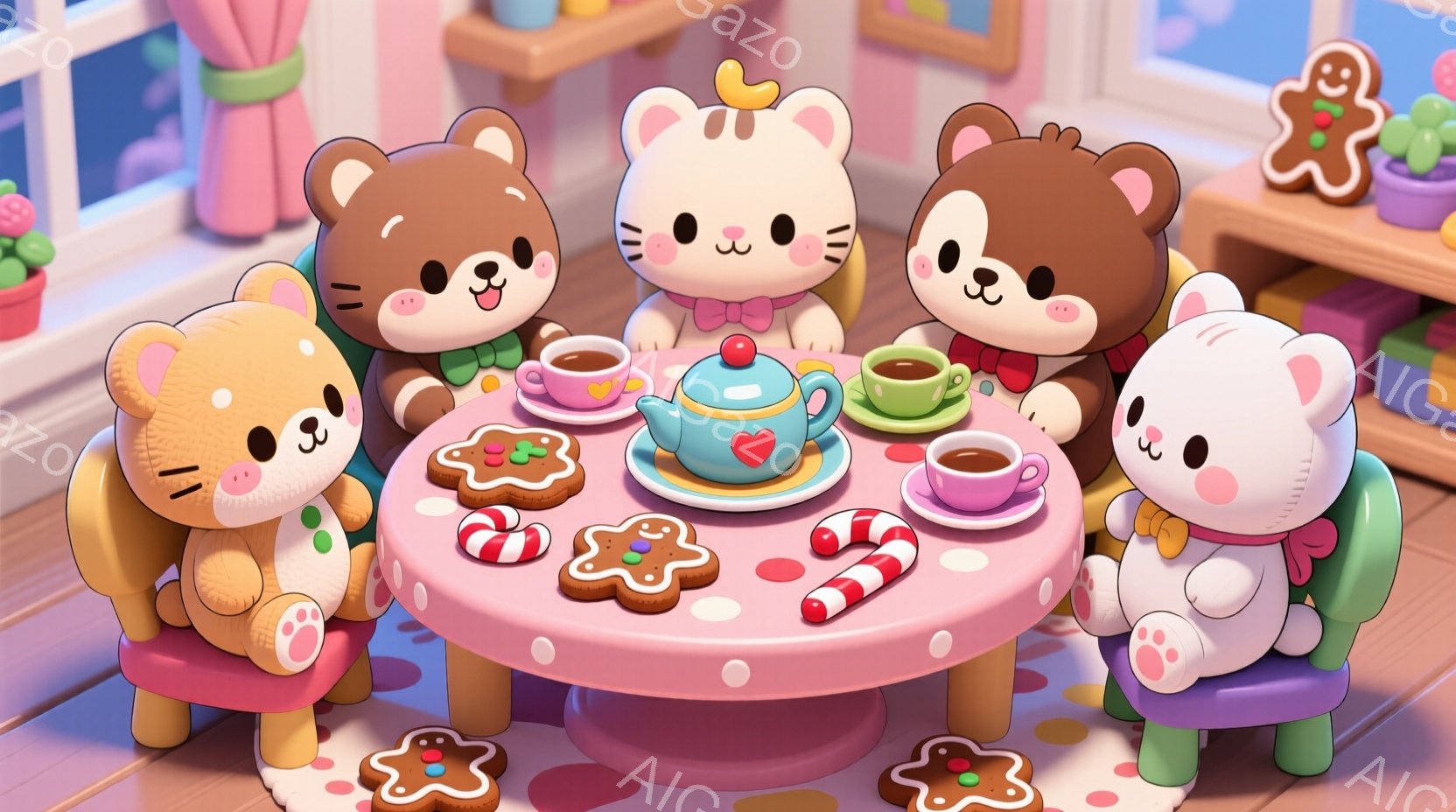 可愛らしいクマと猫のキャラクターたちが、丸いテーブルを囲んでお茶会を楽しんでいる様子が描かれています。キャラクターたちはそれぞれ異なる色の服を着ており、テーブルの上にはティーポット、ティーカップ、ジンジャーブレッドマンやキャンディケーンなどの甘いお菓子が並んでいます。背景には窓と植物が見え、全体的に温かく、ほのぼのとした雰囲気が漂っています。