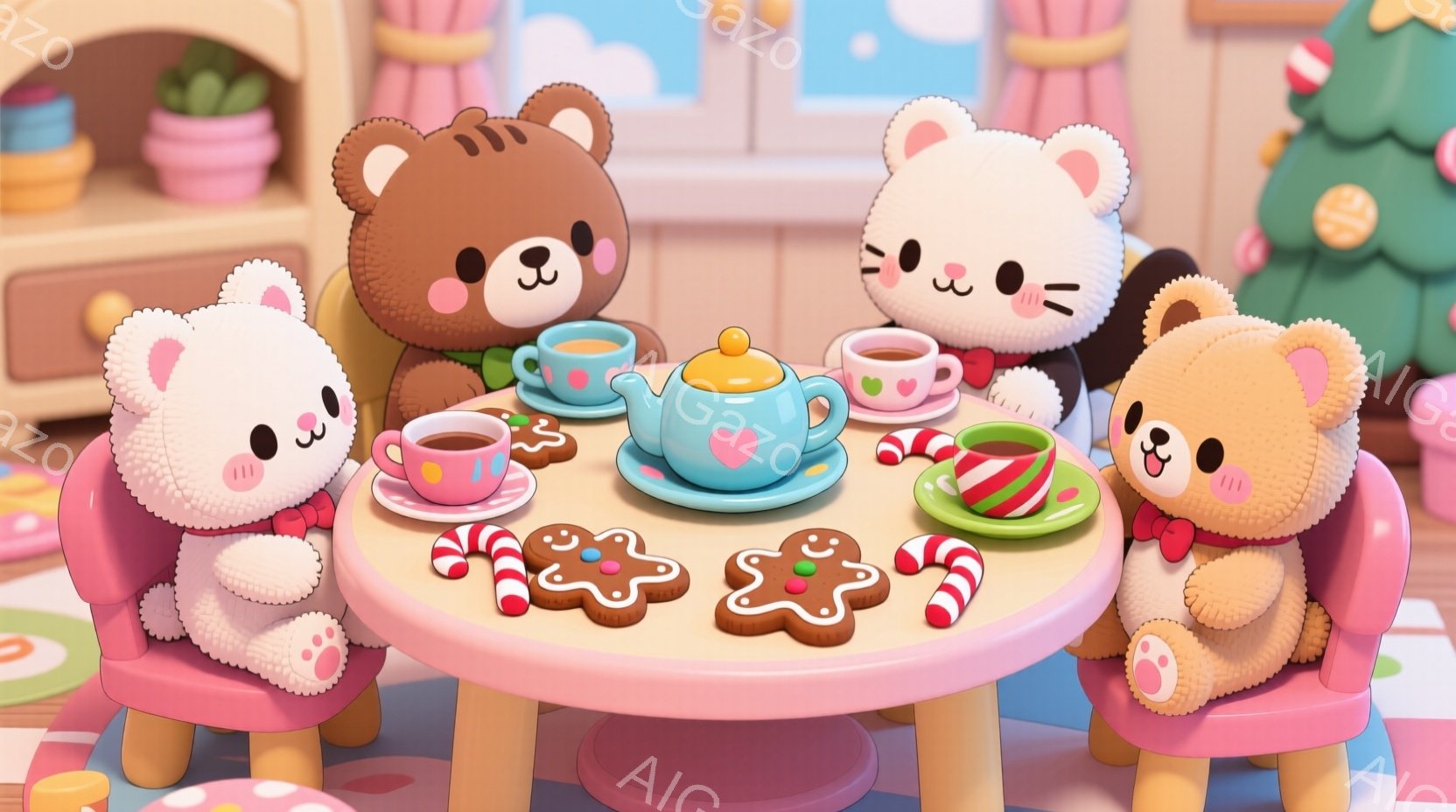 かわいいクマのぬいぐるみたちが、ピンク色の小さなテーブルを囲んでお茶会を楽しんでいます。それぞれ異なる毛色で、可愛らしい表情を浮かべ、クッキーやティーカップを手にしています。背景にはクリスマスツリーや - AI生成フリー素材