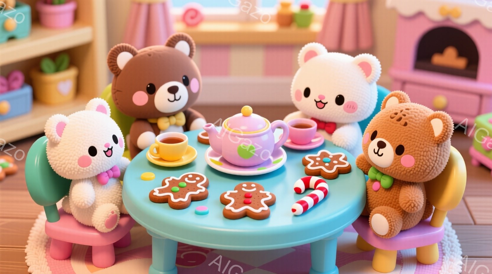 可愛らしいクマのぬいぐるみが、ピンク色のテーブルを囲んでお茶会を楽しんでいます。彼らはそれぞれ緑色のセーターを着ており、笑顔でティーカップとクッキーを見つめています。背景には、おもちゃの家具や植物があ - AI生成フリー素材