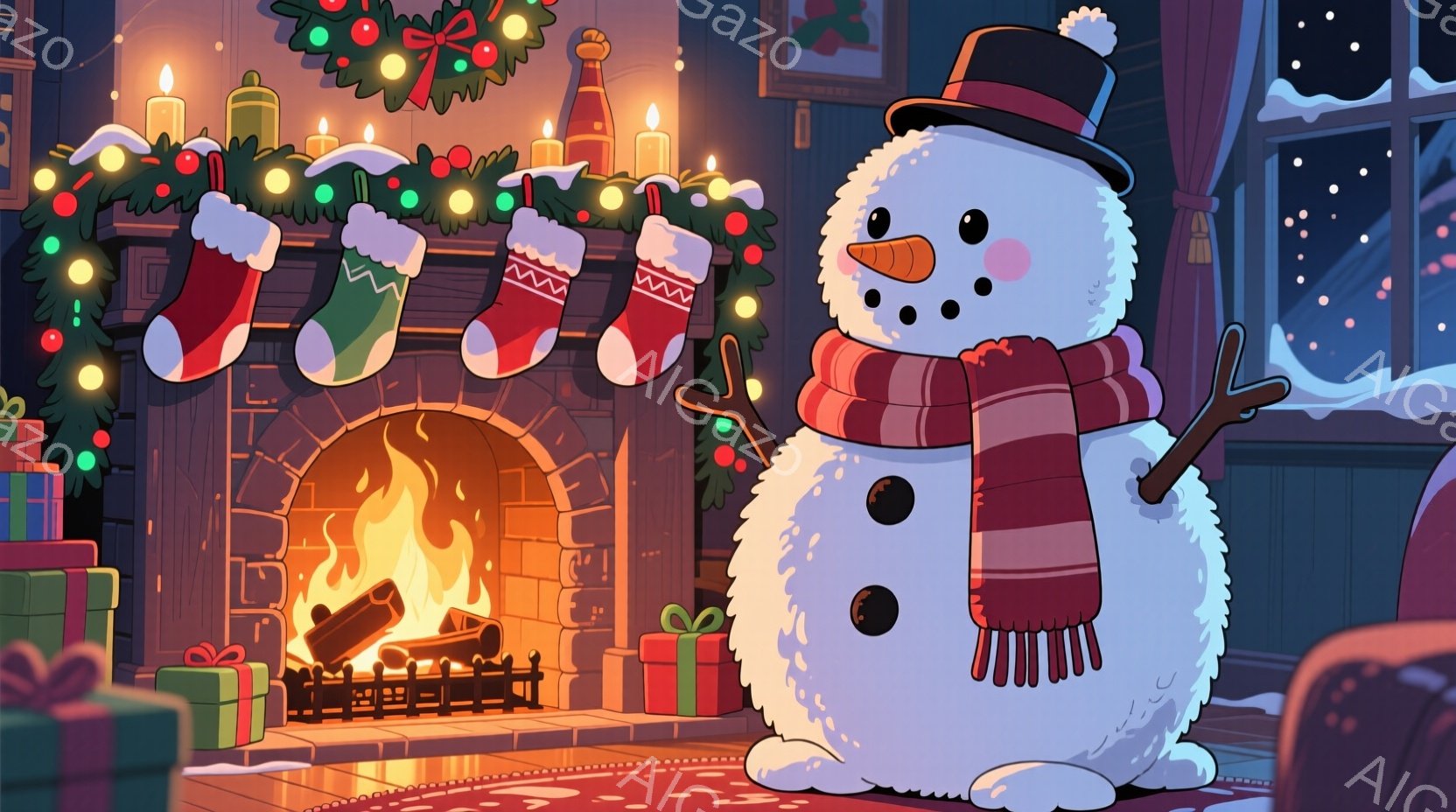 雪だるまが暖炉の前に立っており、赤い縞模様のマフラーと黒いトップハットを身に着けています。背景には、クリスマスストッキングが飾られた暖炉と、プレゼントが積み重なった空間が広がっており、雪が降る夜の温か - AI生成フリー素材