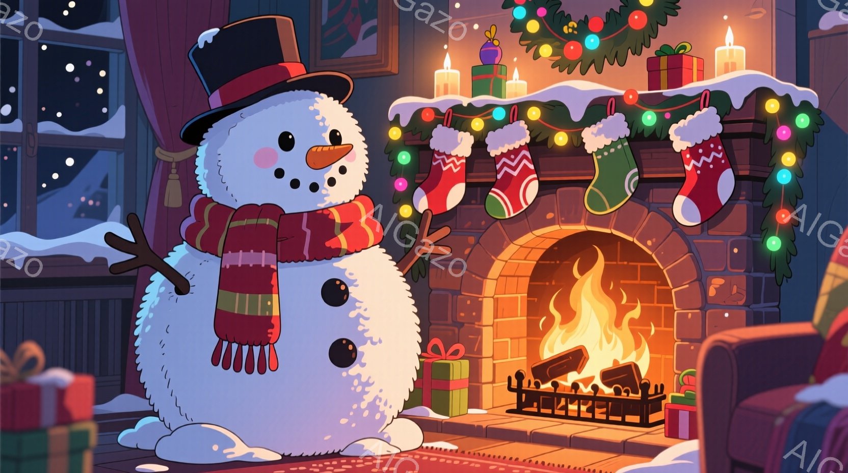雪だるまが暖炉の前で立っており、黒いシルクハットと赤いストライプの長いマフラーを身につけています。暖炉には燃え盛る炎があり、色とりどりのクリスマスストッキングやプレゼントが飾られています。室内は温かく - AI生成フリー素材