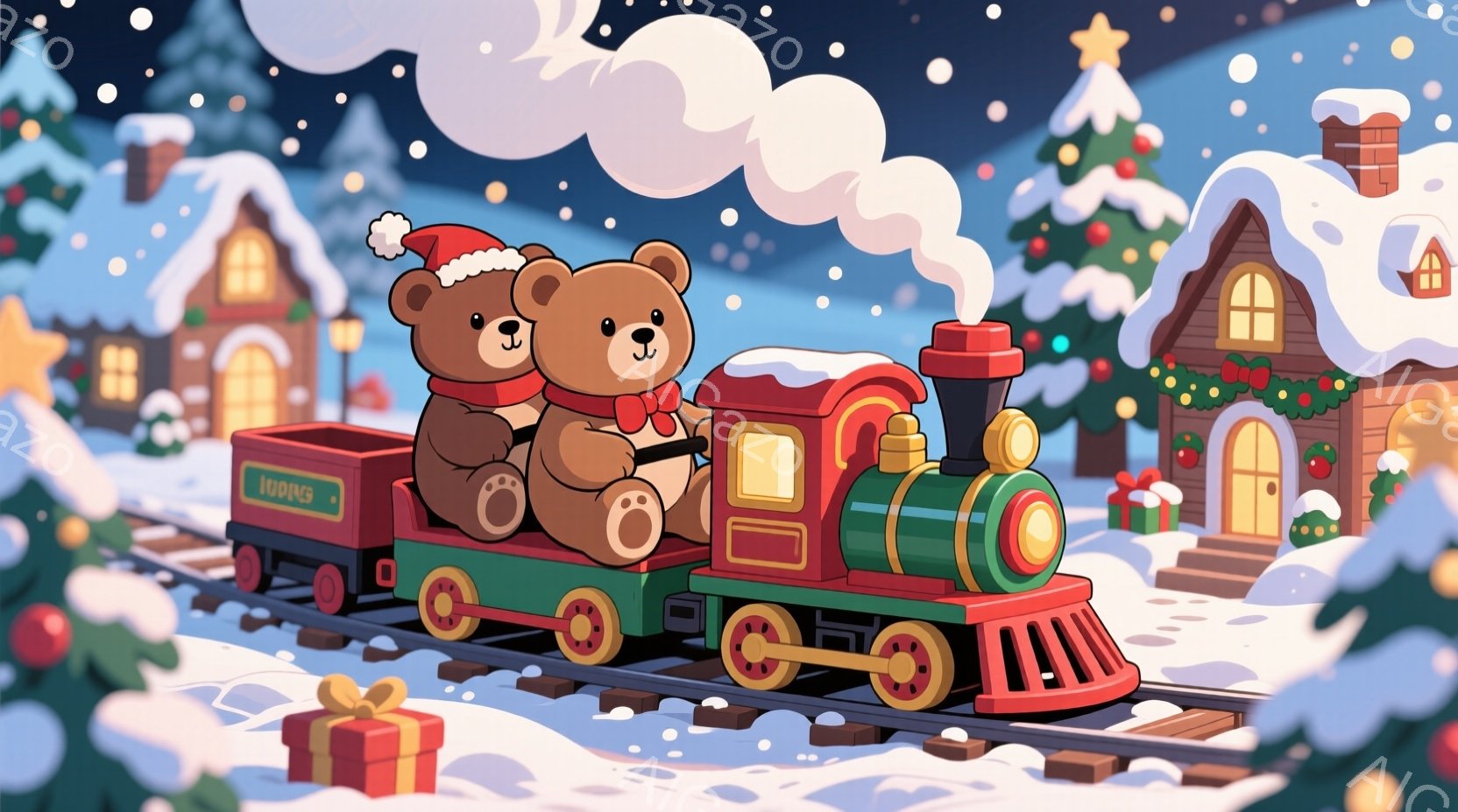 雪が降り積もるクリスマスの風景の中に、可愛らしいクマの操縦士が運転する赤い蒸気機関車が描かれています。クマたちはそれぞれサンタ帽をかぶり、笑顔で列車のハンドルを握っています。背景には、クリスマスツリー - AI生成フリー素材