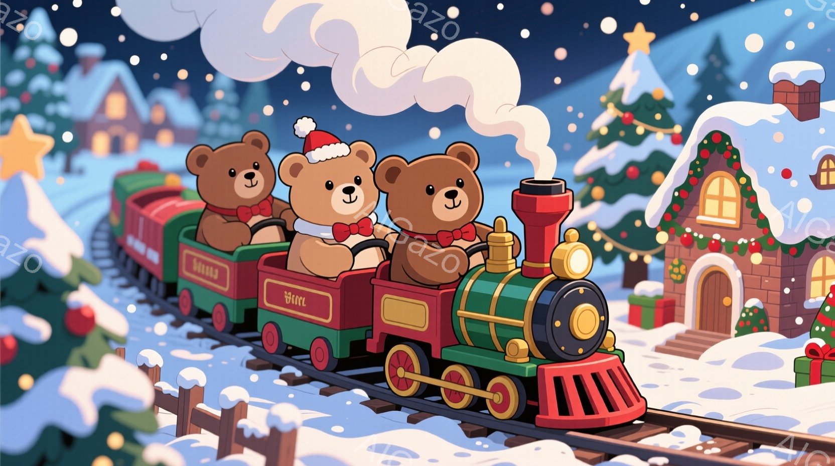 かわいいクマの仲間たちが、クリスマスの装飾が施された列車に乗って楽しんでいる様子が描かれています。クマたちは赤いリボンと帽子を身につけ、満面の笑みを浮かべています。背景には雪に覆われた家々とクリスマス - AI生成フリー素材