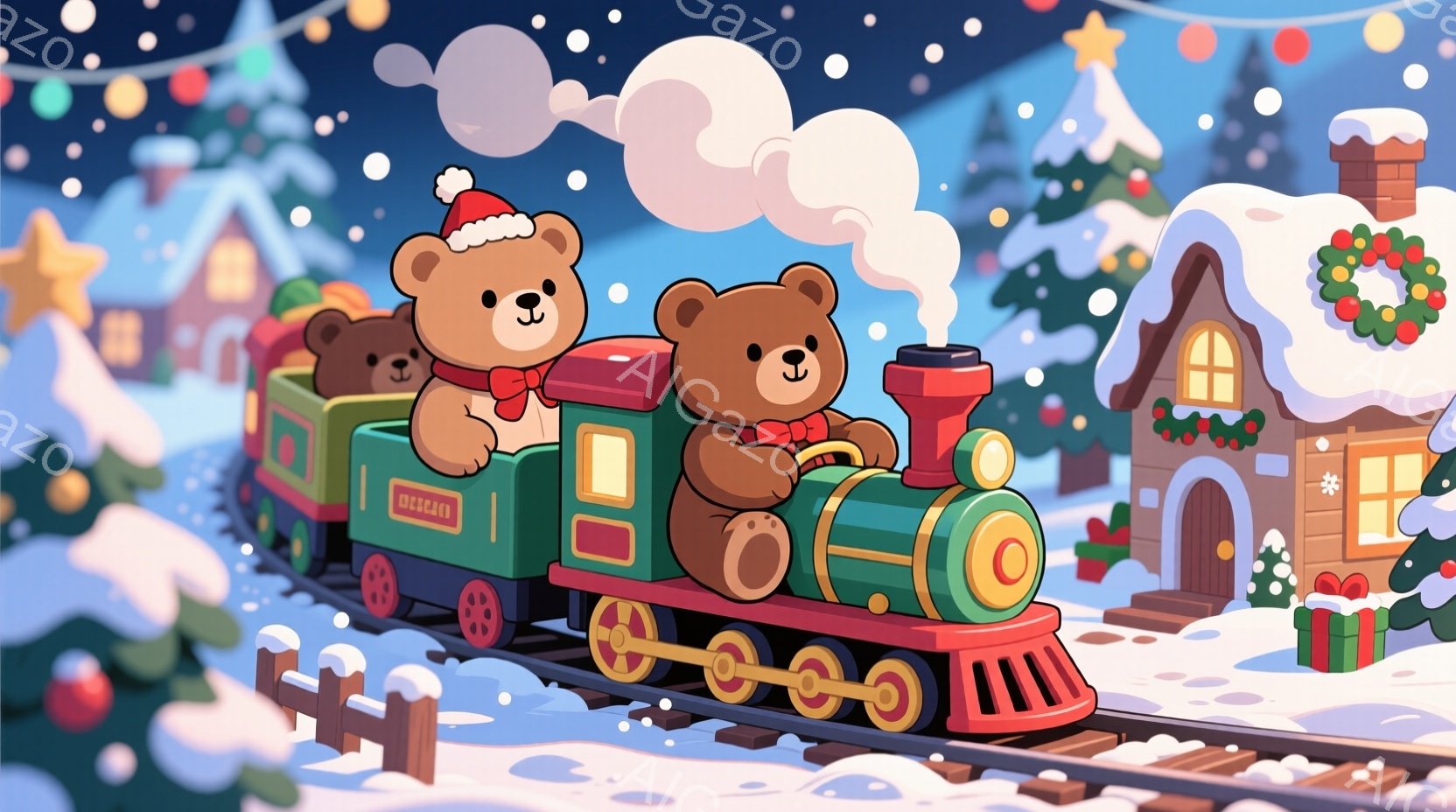 クリスマスの装飾が施された緑色の蒸気機関車に乗った2匹のクマが描かれています。片方のクマはエンジニアの帽子をかぶり、もう片方のクマは帽子を被り、両方とも楽しそうに笑っています。背景には雪で覆われた家々、クリスマスツリー、そして雪が降る夜空が描かれており、暖かく、お祝いムード満点のクリスマスの雰囲気です。