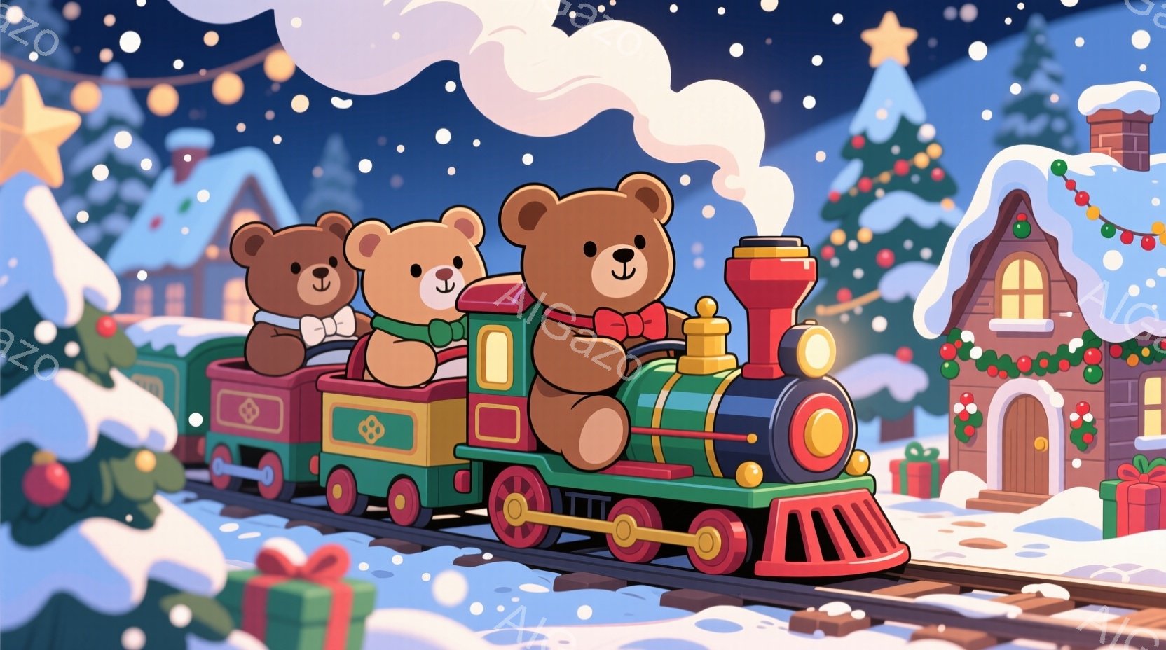 暖炉のような緑色の列車に乗った3匹のかわいいクマが描かれています。クマたちはそれぞれ赤いリボンや蝶ネクタイをつけ、楽しそうな表情をしています。背景には、雪に覆われた家々やクリスマスツリー、そして雪が舞 - AI生成フリー素材