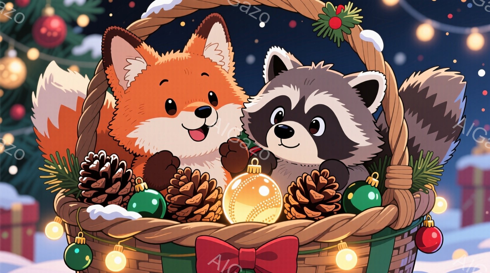 オレンジ色のキツネと灰色のタヌキが、松ぼっくりや飾り付けのボールで満たされたバスケットの中に座っています。 キツネは笑顔で前を見つめ、タヌキは少し控えめな表情でキツネの隣にいます。 背景にはぼやけたク - AI生成フリー素材