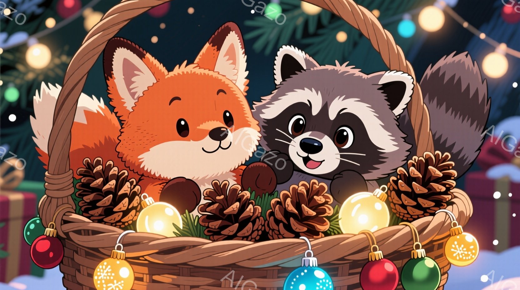 オレンジ色のキツネと灰色のタヌキが、松ぼっくりと輝くクリスマスオーナメントで満たされたバスケットの中に座っています。両者は微笑んでおり、暖かくお祝いの雰囲気の静止画です。背景には白い雪が舞い、暗い背景にカラフルな光が散りばめられています。