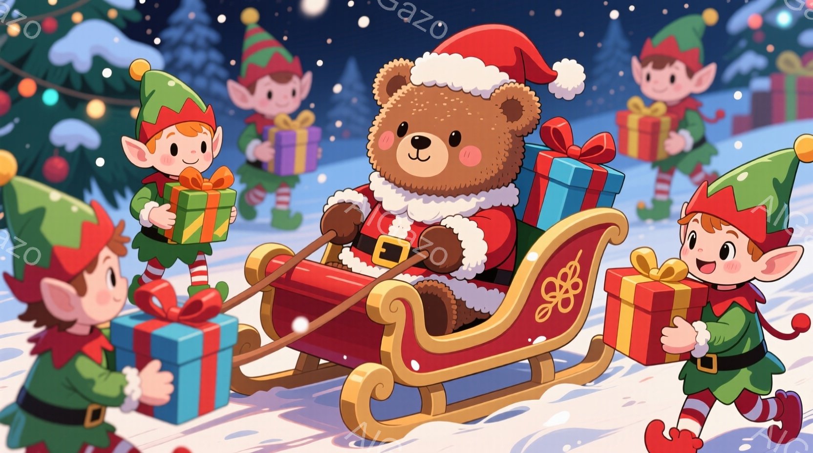 暖炉のそばにそりが描かれており、中にはサンタクロースの衣装を着たクマが座っています。周りには緑色の帽子と服を着たエルフたちがプレゼントを持って走り、喜びと興奮を表現しています。背景は雪景色で、キラキラ - AI生成フリー素材