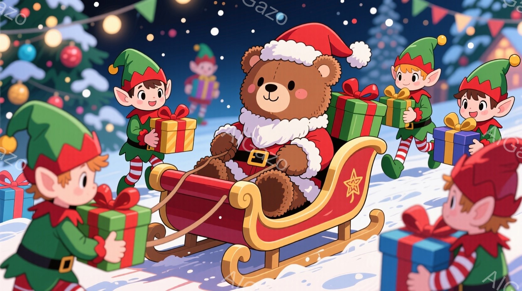 茶色のクマが赤いチェック柄のマフラーを巻き、雪の結晶が舞う背景の前で、クリスマスのオーナメントが入ったスノーグローブを持っています。クマは優しい表情をしており、背景にはクリスマスリースが飾られ、冬の暖かく穏やかな雰囲気を醸し出しています。雪が降り積もり、背景にはぼんやりと建物が見え、クリスマスの季節の喜びを表現しています。