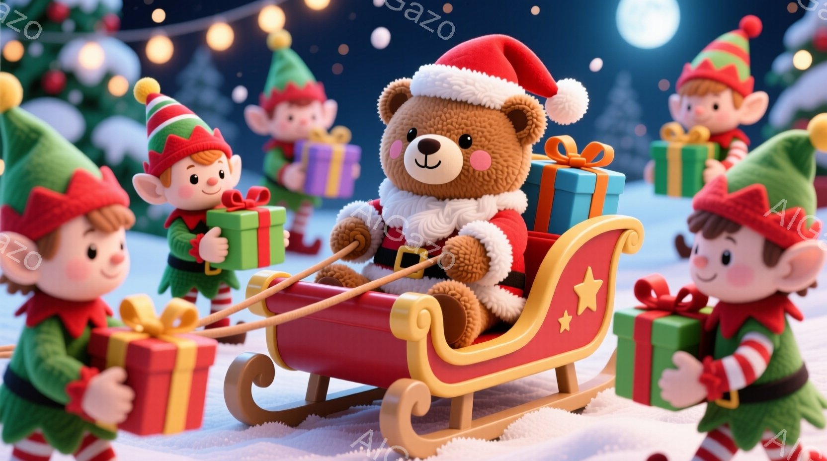 ぬいぐるみのような茶色の熊が、赤いサンタの帽子をかぶり、そりに乗って楽しそうにしています。周りには緑色の帽子と服を着た妖精たちが、プレゼントの箱を持って熊を取り囲んでいます。雪が降り積もり、遠くにはク - AI生成フリー素材
