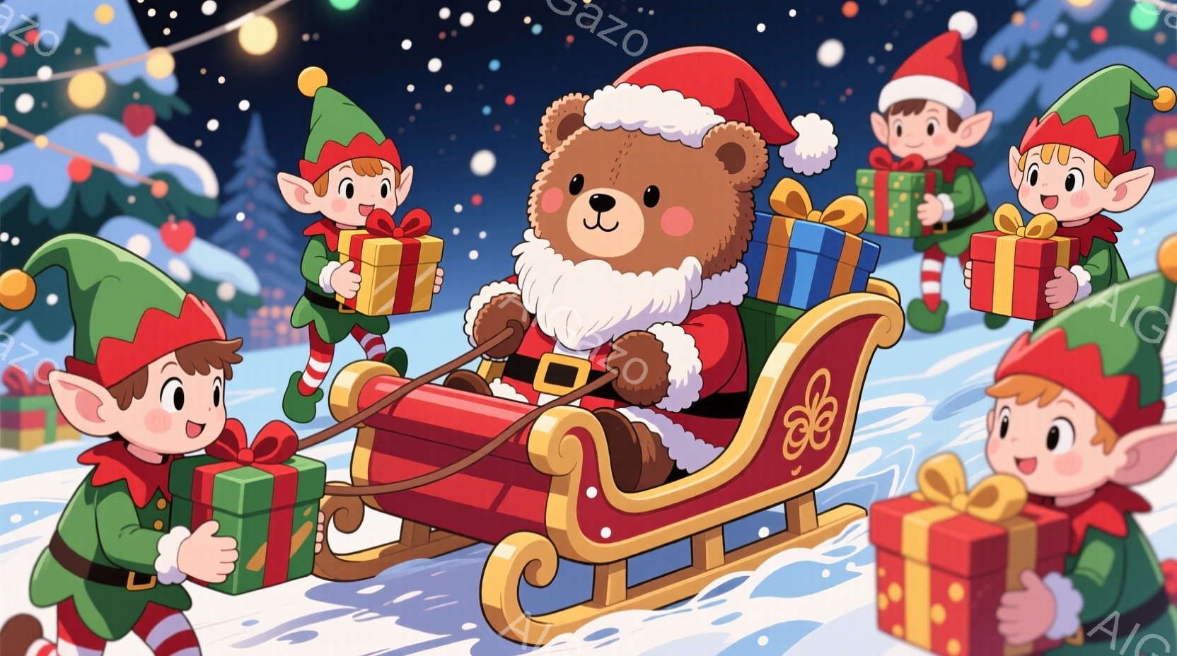 ソリに乗ったクマのぬいぐるみと、プレゼントの箱を持ったエルフたちが描かれています。エルフたちは皆、緑色の衣装と赤い帽子を被り、笑顔でプレゼントを掲げています。背景は雪景色で、遠くにぼんやりとした建物が - AI生成フリー素材