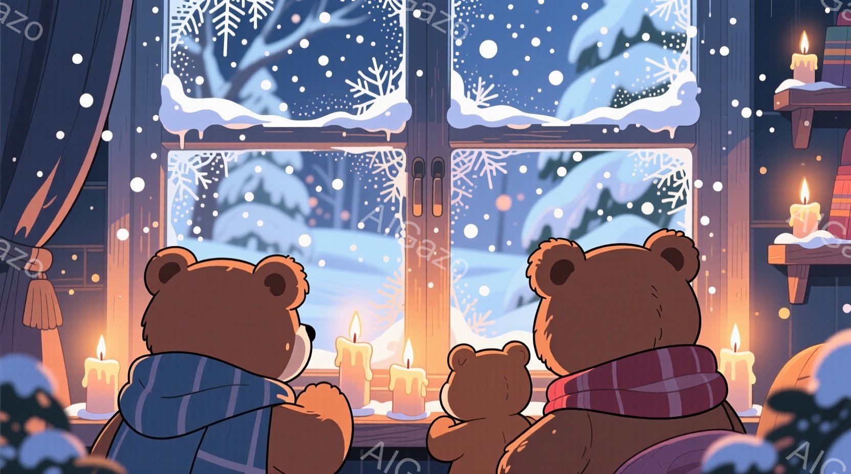 暖炉のそばで窓の外を眺めるクマの家族が描かれています。一番大きいクマは青い毛布を羽織り、中くらいのクマは赤いマフラーを巻いており、小さなクマは両親の間に寄り添っています。窓の外は雪景色で、木々が雪に覆われ、穏やかで温かい雰囲気が漂っています。
