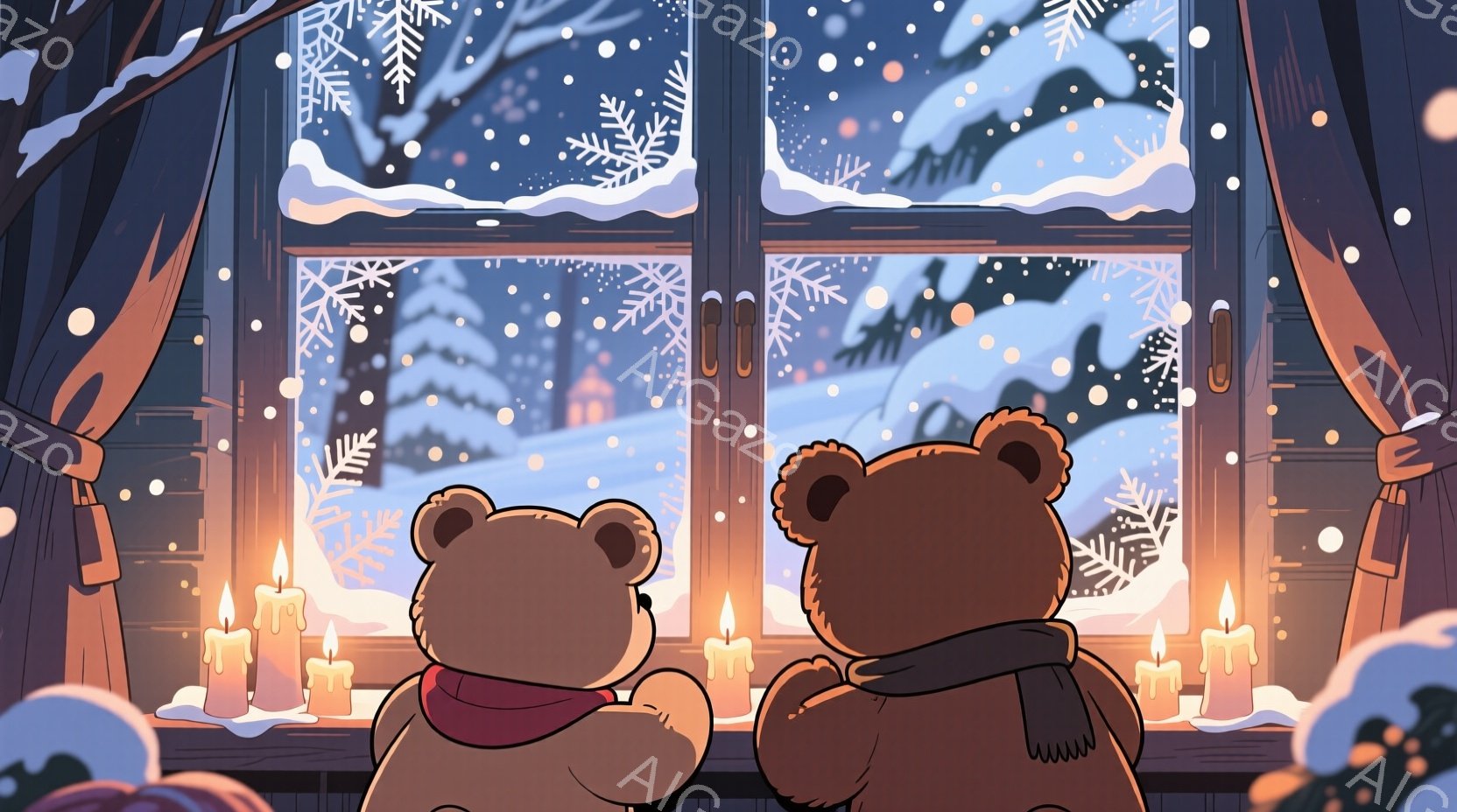 ふわふわのテディベアが2匹、窓の外の雪景色を眺めています。赤いスカーフとベストを身につけたベアは、少しうつむき加減で、もう一匹は青いスカーフを巻いています。窓の外には雪に覆われた木々や家々が広がり、暖炉のキャンドルが温かい光を灯しています。