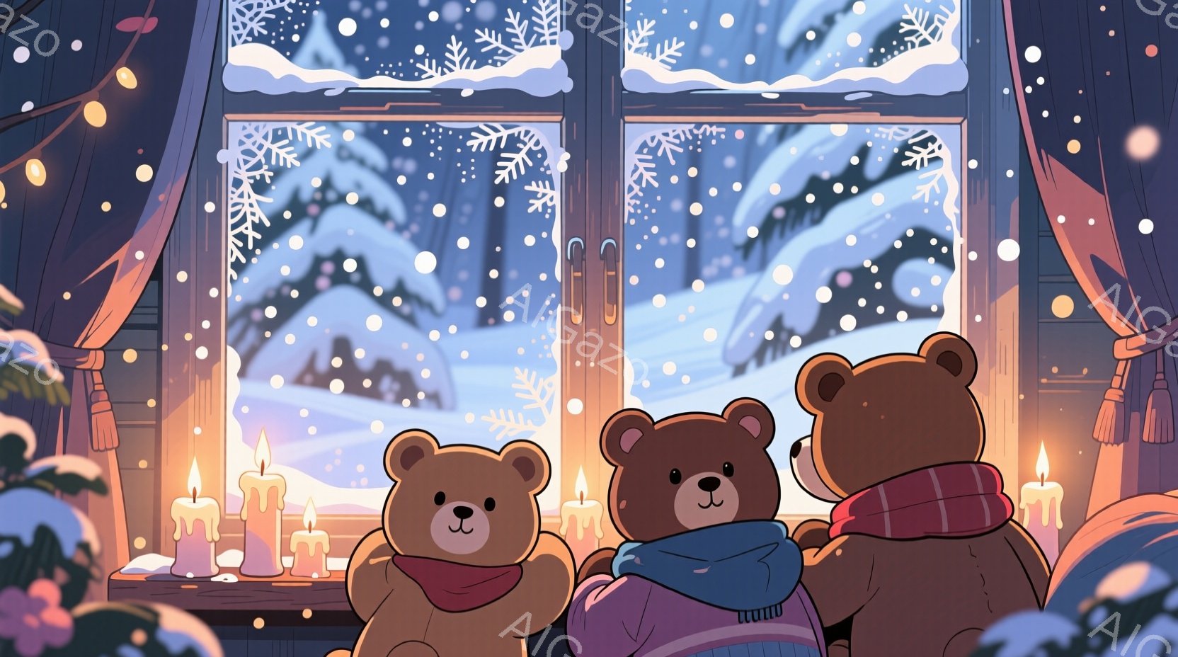 三匹のテディベアが窓の外の雪景色を眺めています。一番左のクマは赤いスカーフを巻き、真ん中のクマは青いマフラーを、一番右のクマは赤いスカーフを巻いています。窓辺にはキャンドルが灯り、外は雪が降り積もり、 - AI生成フリー素材