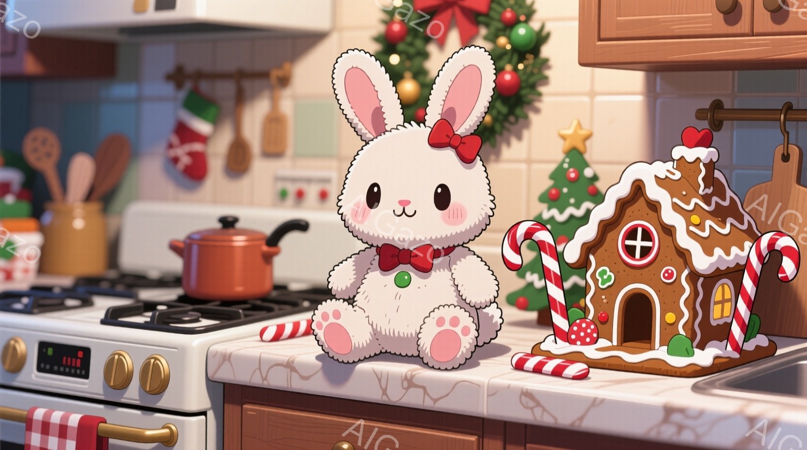 白いふわふわのウサギのぬいぐるみは、赤いリボンをつけて、カウンターの上に座っています。周りにはキャンディケーンや、可愛らしいジンジャーブレッドハウスが飾られており、クリスマスの準備をしているような、温かく幸せな雰囲気です。背景には、クリスマスオーナメントや調理器具が並び、キッチンが映っています。