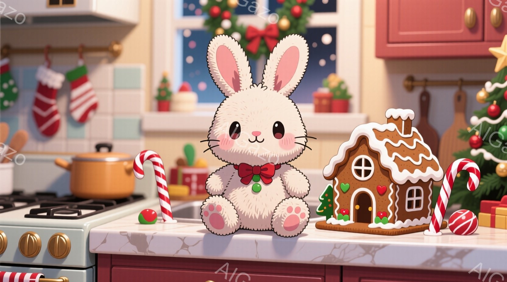 白いウサギが赤いリボンをつけて、キッチンのカウンターの上に座っています。ウサギは楽しそうな表情で、周りにはキャンディケーンやジンジャーブレッドハウスが置かれています。背景にはクリスマスソックスやクリス - AI生成フリー素材