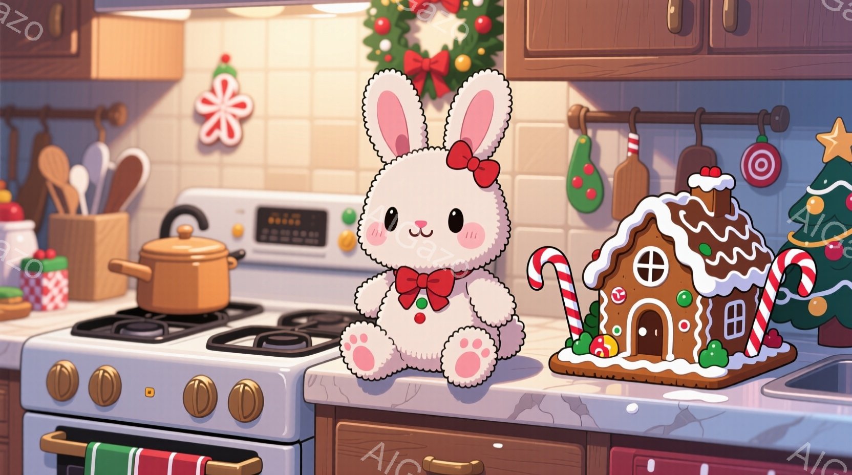 白いふわふわのウサギのぬいぐるみがキッチンカウンターに座っており、赤いリボンをつけています。周りにはジンジャーブレッドハウスやキャンディケーン、クリスマスツリーが見え、暖かくお祝いの雰囲気です。背景に - AI生成フリー素材