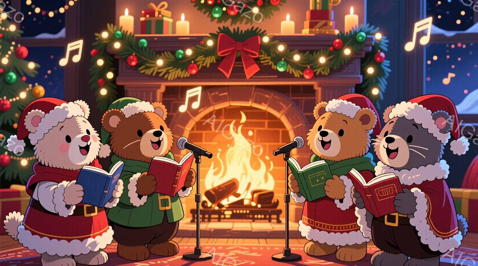 暖炉の前で、パジャマを着た2匹のテディベアが丸いラグの上で仰向けに寝ています。背景には、オーナメントと光で飾られたクリスマスツリー、プレゼント、本棚、椅子が見えます。全体的に暖かく、居心地の良い、クリ - AI生成フリー素材