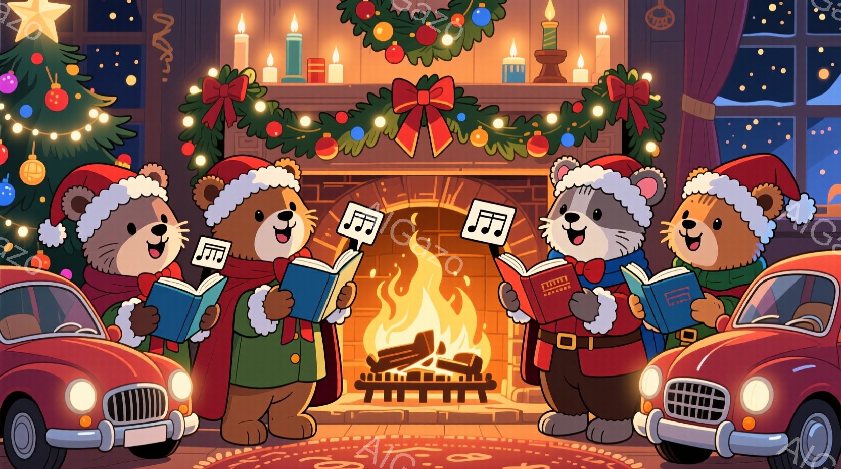 暖炉の前には、赤いサンタの帽子をかぶったクマの家族が並んでいます。彼らは楽譜を見ながら歌っており、それぞれクリスマスの飾り付けられたクラシックカーの前に立っています。背景にはクリスマスツリーやキャンドルが飾られ、暖炉の火が温かく輝き、全体的に心温まるクリスマスの雰囲気が漂っています。