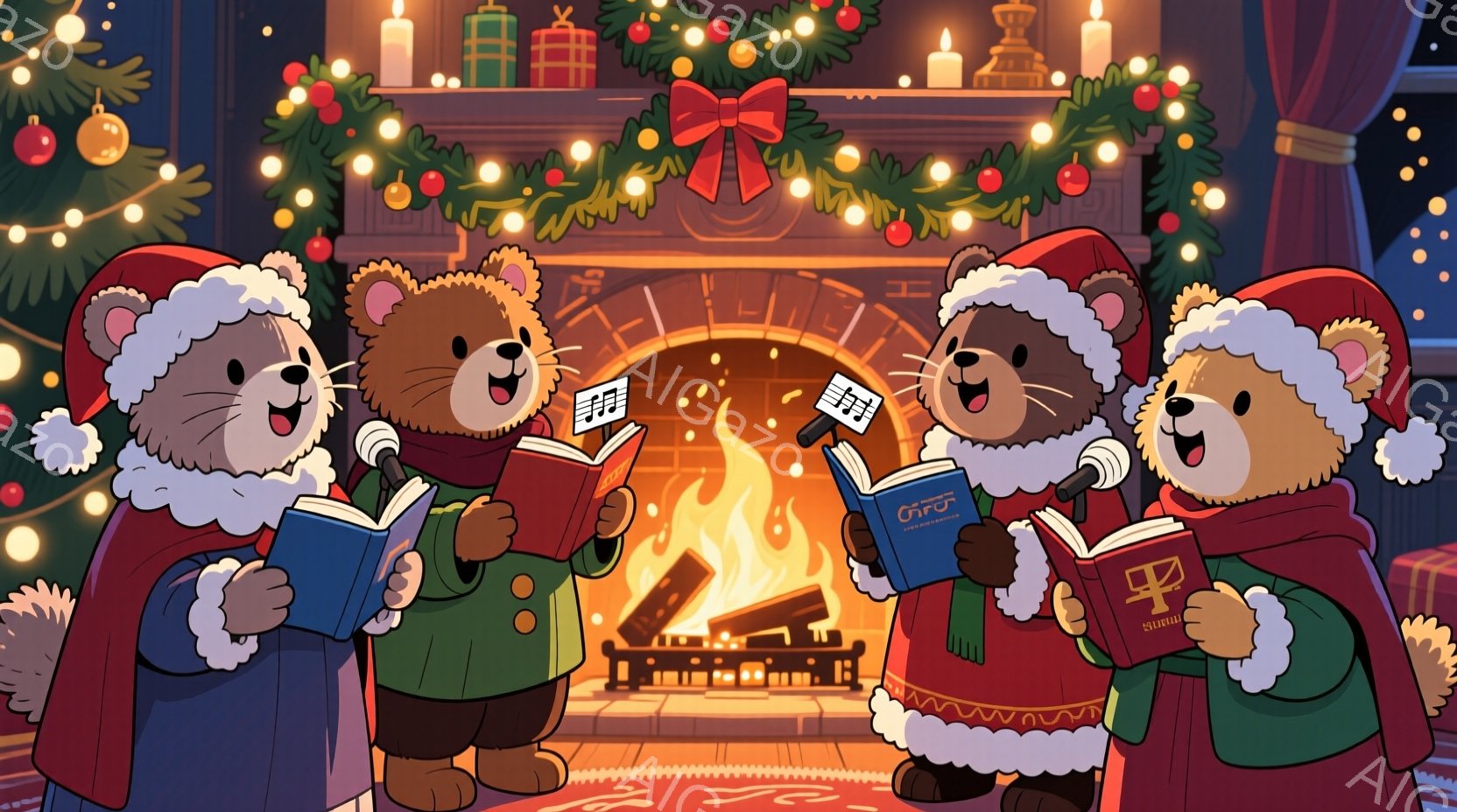 かわいいクマのキャラクターが4匹、クリスマスの飾り付けられた暖炉の前で歌っています。彼らはそれぞれ赤い帽子とスカーフを身につけ、緑や青のコートを着ており、手には楽譜を持っています。暖炉の周りにはクリス - AI生成フリー素材