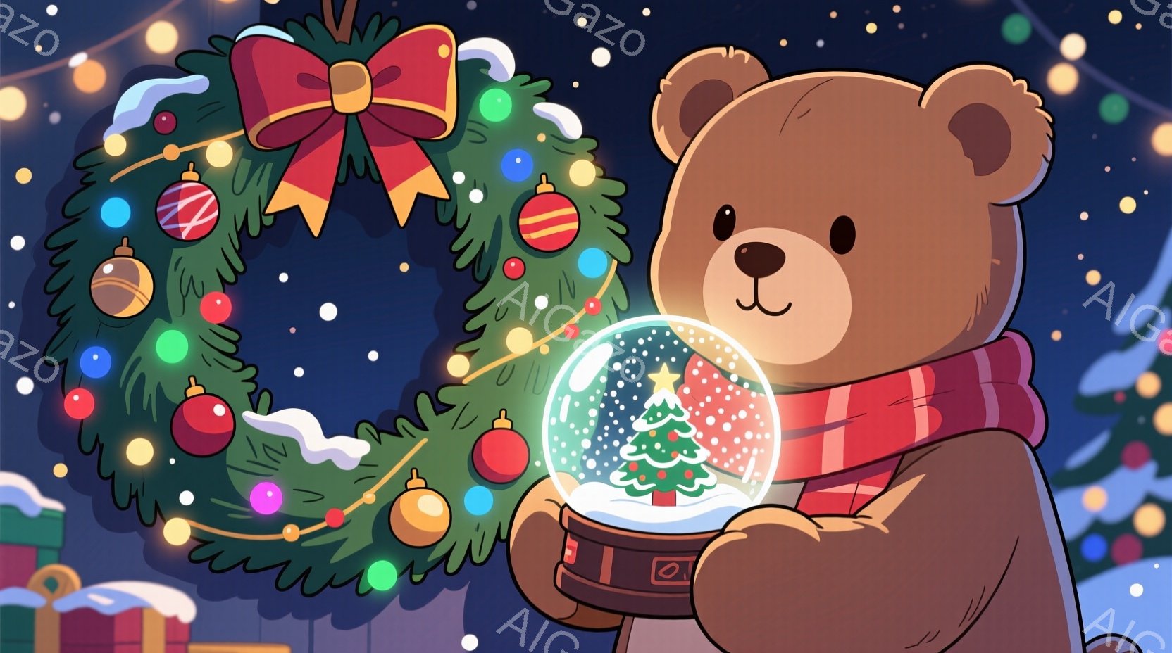 暖炉のような茶色のクマが、赤いストライプのマフラーを巻いて雪の結晶が舞う背景を背景に、雪の入ったガラス玉を持っています。背景には、オーナメントで飾られたクリスマスリースと、ラッピングされたプレゼント箱が見え、華やかな冬の雰囲気です。クマは穏やかな表情で、雪玉を大切そうに抱えています。