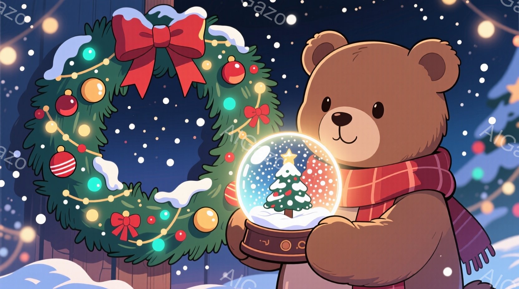 暖炉のような茶色のクマが、赤い縞模様のスカーフを巻き、雪の舞う背景の前で雪の結晶入りのガラスのオーナメントを持っています。背景にはクリスマスツリーの装飾が施されたリースがあり、夜空を思わせる暗い背景に白い雪が降っています。全体的に、温かく、お祝いの雰囲気で、冬の休日の季節を彷彿とさせます。
